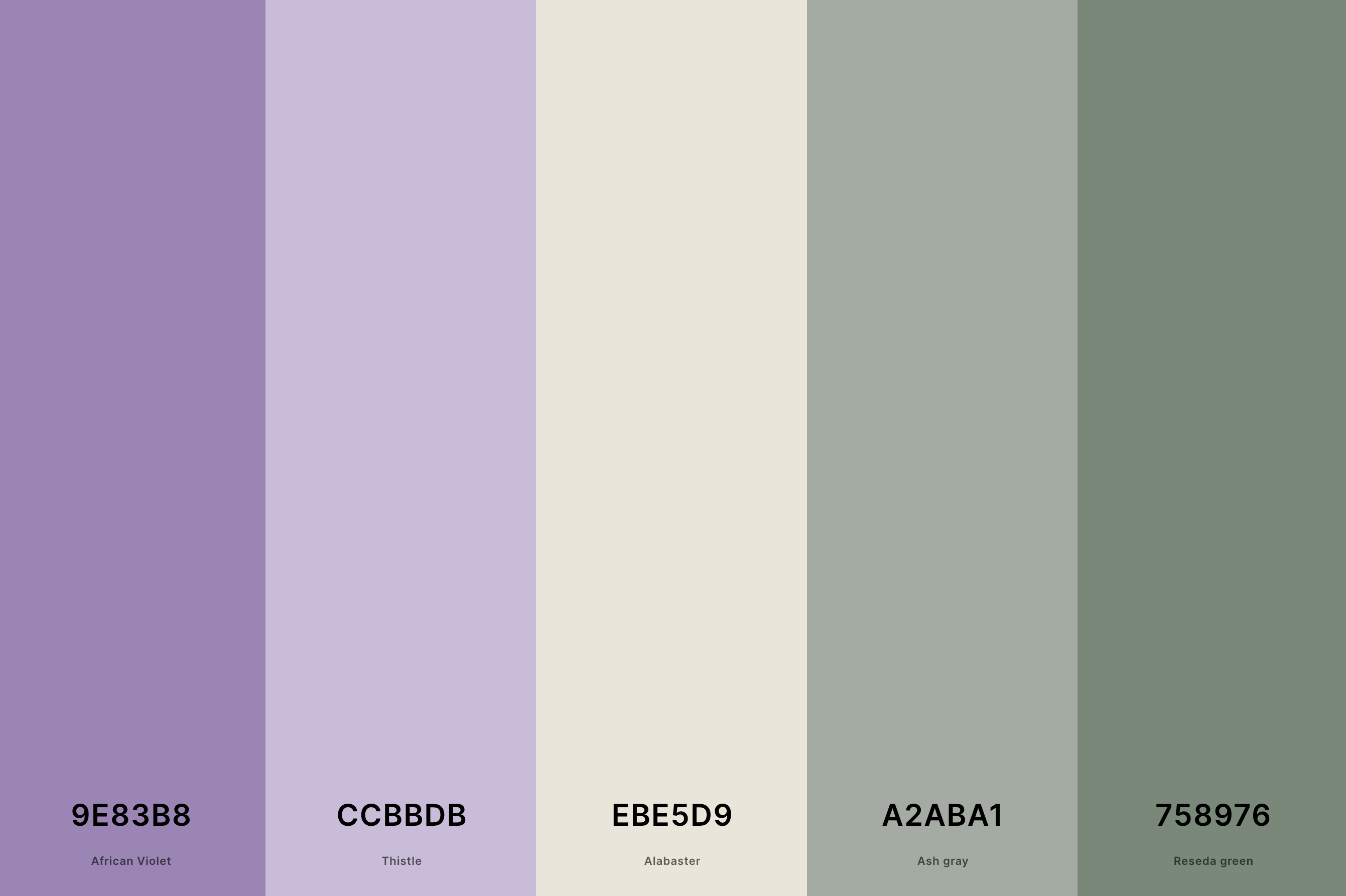 18. Sage Green And Purple Color Palette Color Palette with African Violet (Hex #9E83B8) + Thistle (Hex #CCBBDB) + Alabaster (Hex #EBE5D9) + Ash Gray (Hex #A2ABA1) + Reseda Green (Hex #758976) Color Palette with Hex Codes