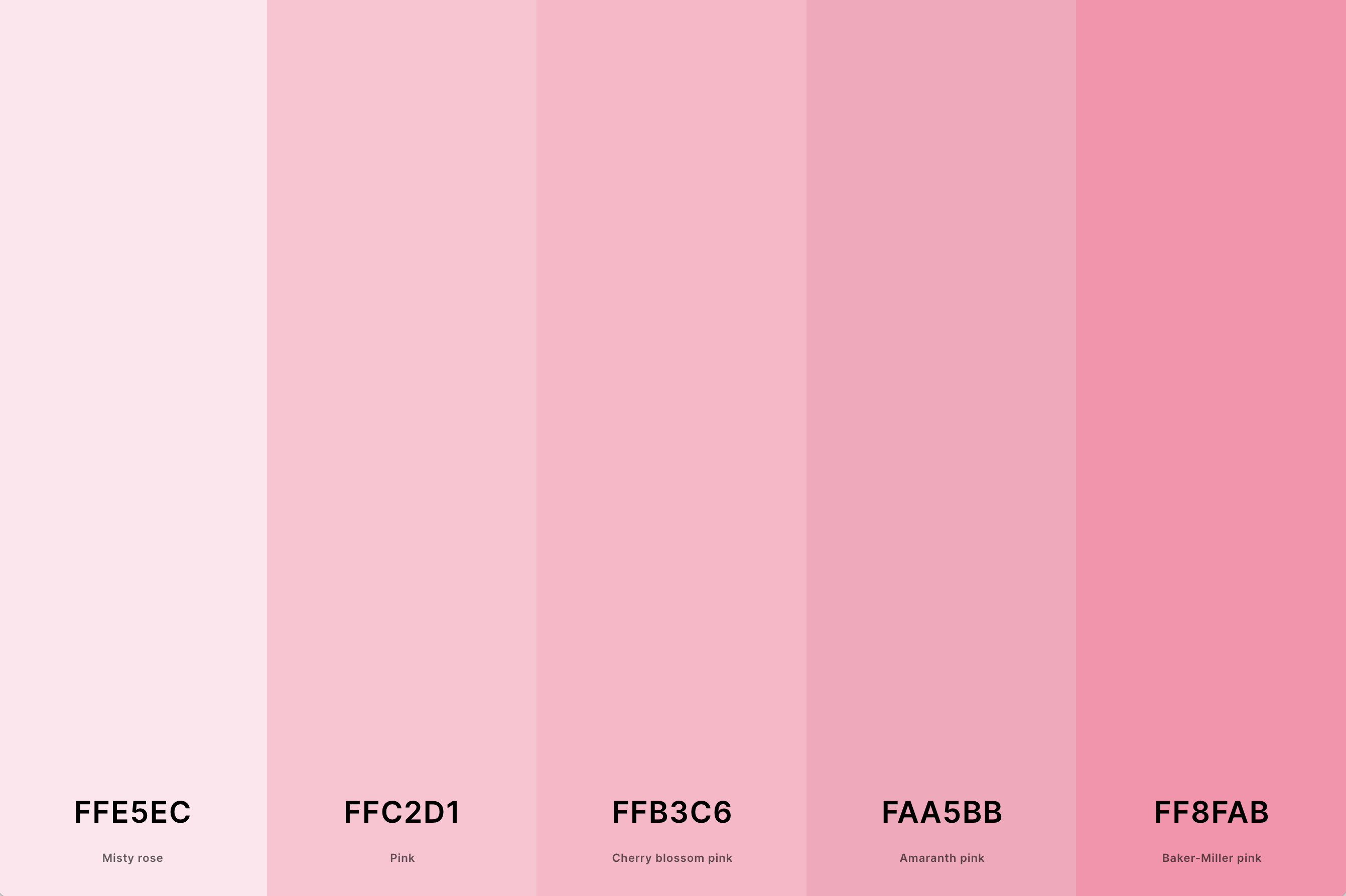 18. Soft Pink Color Palette Color Palette with Misty Rose (Hex #FFE5EC) + Pink (Hex #FFC2D1) + Cherry Blossom Pink (Hex #FFB3C6) + Amaranth Pink (Hex #FAA5BB) + Baker-Miller Pink (Hex #FF8FAB) Color Palette with Hex Codes