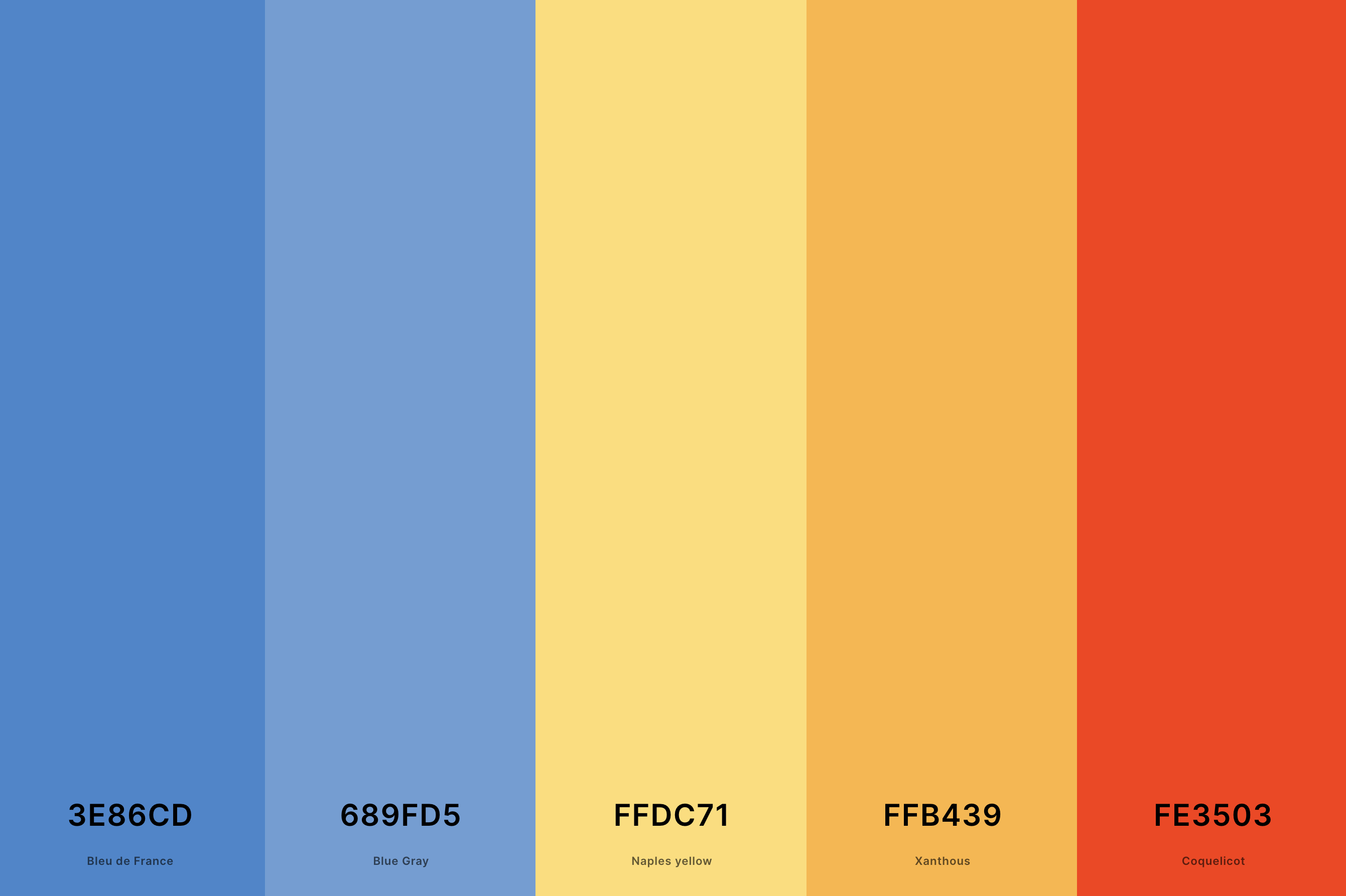 18. Sunrise To Sunset Color Palette Color Palette with Bleu De France (Hex #3E86CD) + Blue Gray (Hex #689FD5) + Naples Yellow (Hex #FFDC71) + Xanthous (Hex #FFB439) + Coquelicot (Hex #FE3503) Color Palette with Hex Codes