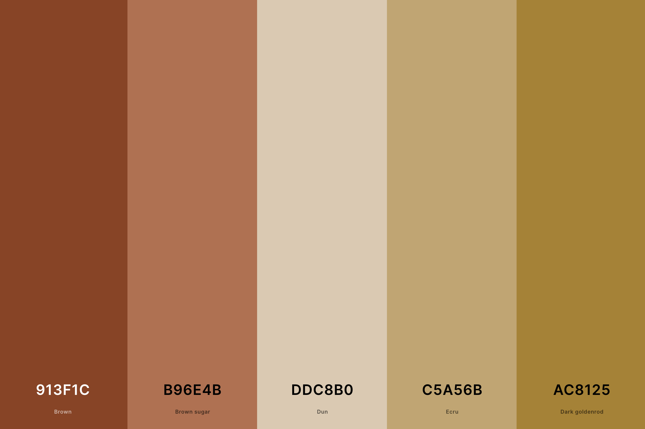 18. Terracotta And Gold Color Palette Color Palette with Brown (Hex #913F1C) + Brown Sugar (Hex #B96E4B) + Dun (Hex #DDC8B0) + Ecru (Hex #C5A56B) + Dark Goldenrod (Hex #AC8125) Color Palette with Hex Codes