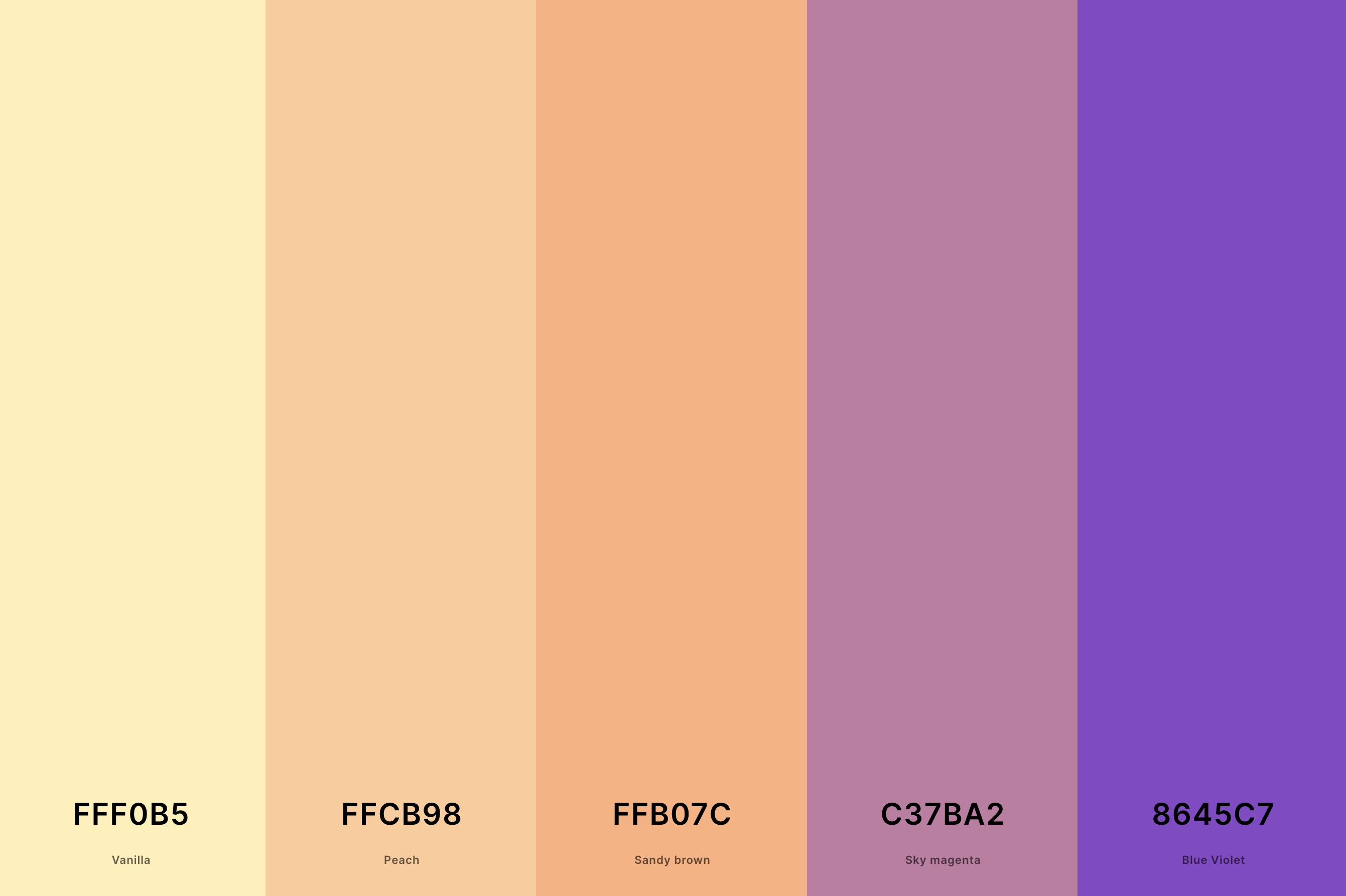 18. Violet And Peach Color Palette Color Palette with Vanilla (Hex #FFF0B5) + Peach (Hex #FFCB98) + Sandy Brown (Hex #FFB07C) + Sky Magenta (Hex #C37BA2) + Blue Violet (Hex #8645C7) Color Palette with Hex Codes