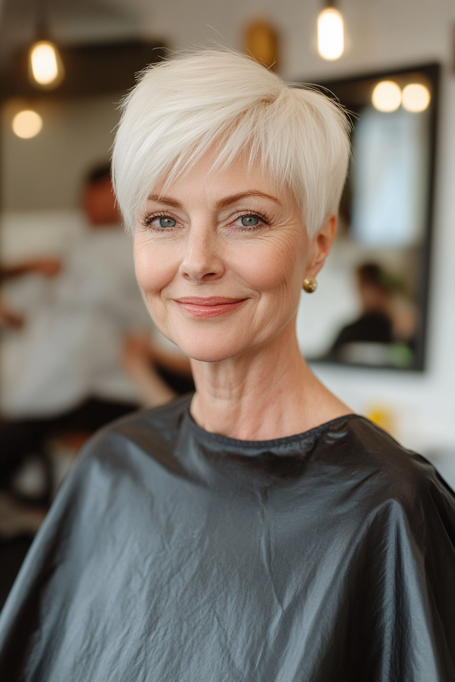 18. White Blonde Pixie with Long Side Bangs (Hairstyles For Women Over 50 With Bangs) - Hairstyles For Women Over 50 With Bangs