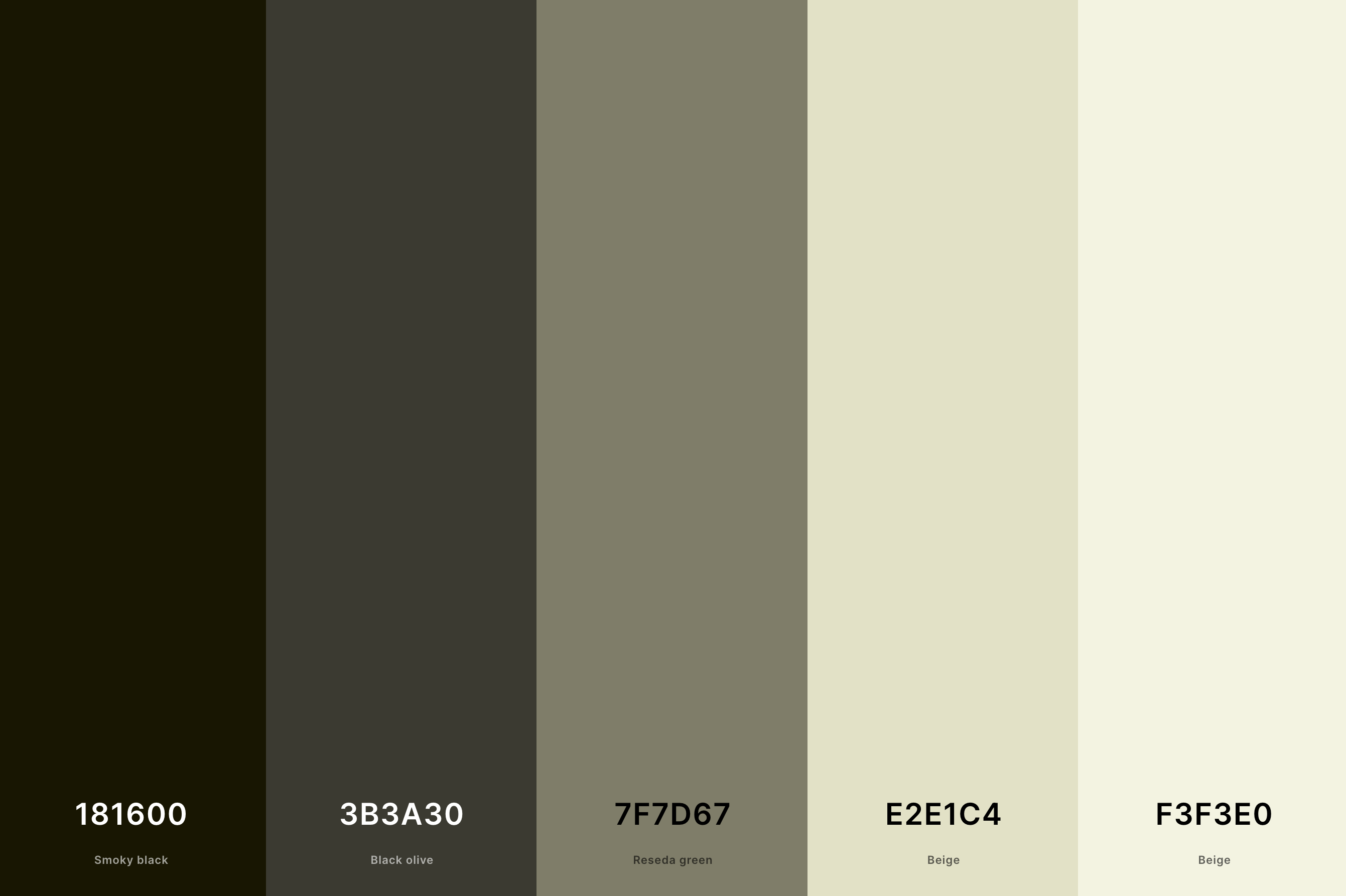 19. Black And Cream Color Palette Color Palette with Smoky Black (Hex #181600) + Black Olive (Hex #3B3A30) + Reseda Green (Hex #7F7D67) + Beige (Hex #E2E1C4) + Beige (Hex #F3F3E0) Color Palette with Hex Codes