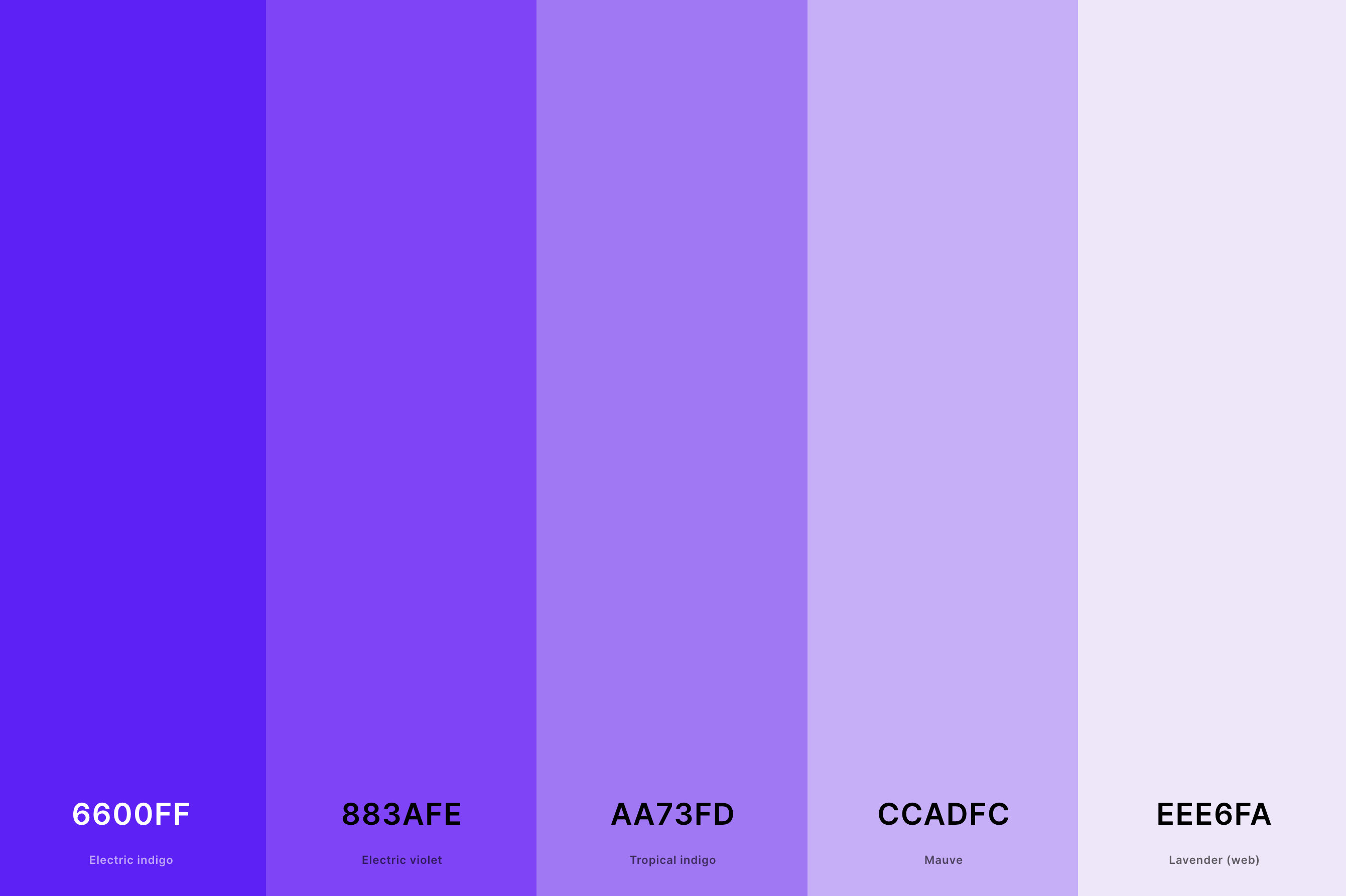 19. Bright Lavender Color Palette Color Palette with Electric Indigo (Hex #6600FF) + Electric Violet (Hex #883AFE) + Tropical Indigo (Hex #AA73FD) + Mauve (Hex #CCADFC) + Lavender (Web) (Hex #EEE6FA) Color Palette with Hex Codes