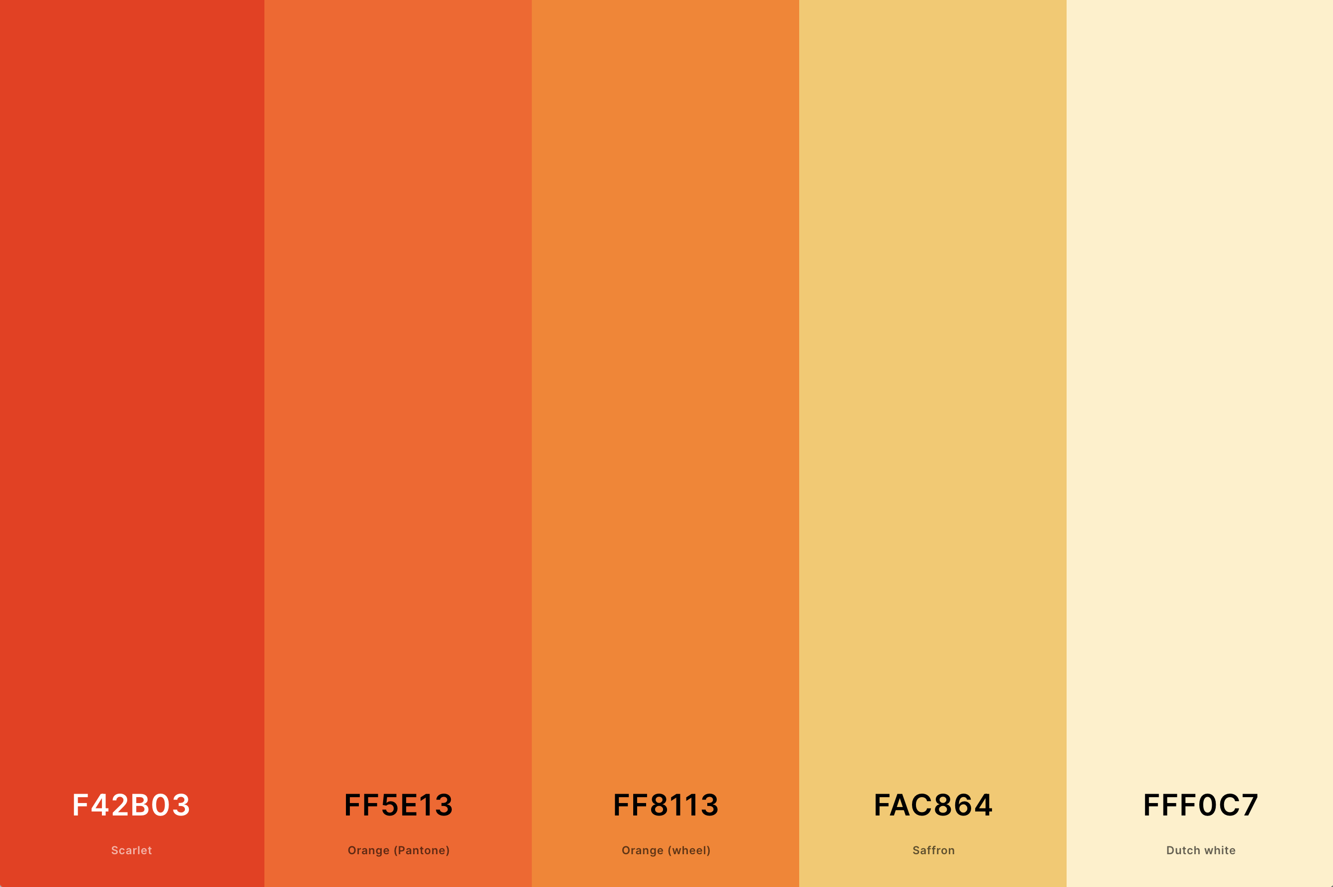 19. Bright Orange Color Palette Color Palette with Scarlet (Hex #F42B03) + Orange (Pantone) (Hex #FF5E13) + Orange (Wheel) (Hex #FF8113) + Saffron (Hex #FAC864) + Dutch White (Hex #FFF0C7) Color Palette with Hex Codes