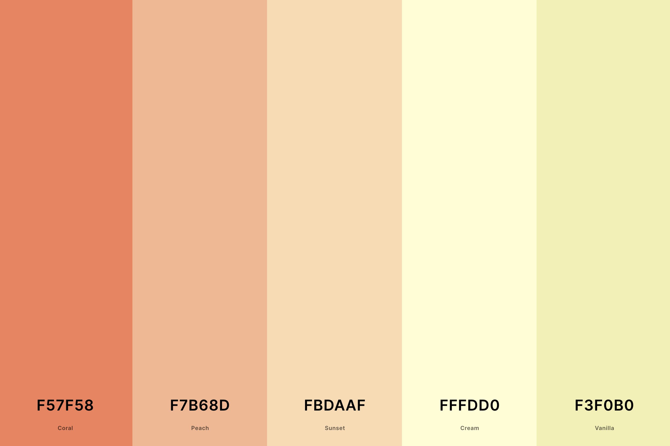 19. Cream And Peach Color Palette Color Palette with Coral (Hex #F57F58) + Peach (Hex #F7B68D) + Sunset (Hex #FBDAAF) + Cream (Hex #FFFDD0) + Vanilla (Hex #F3F0B0) Color Palette with Hex Codes