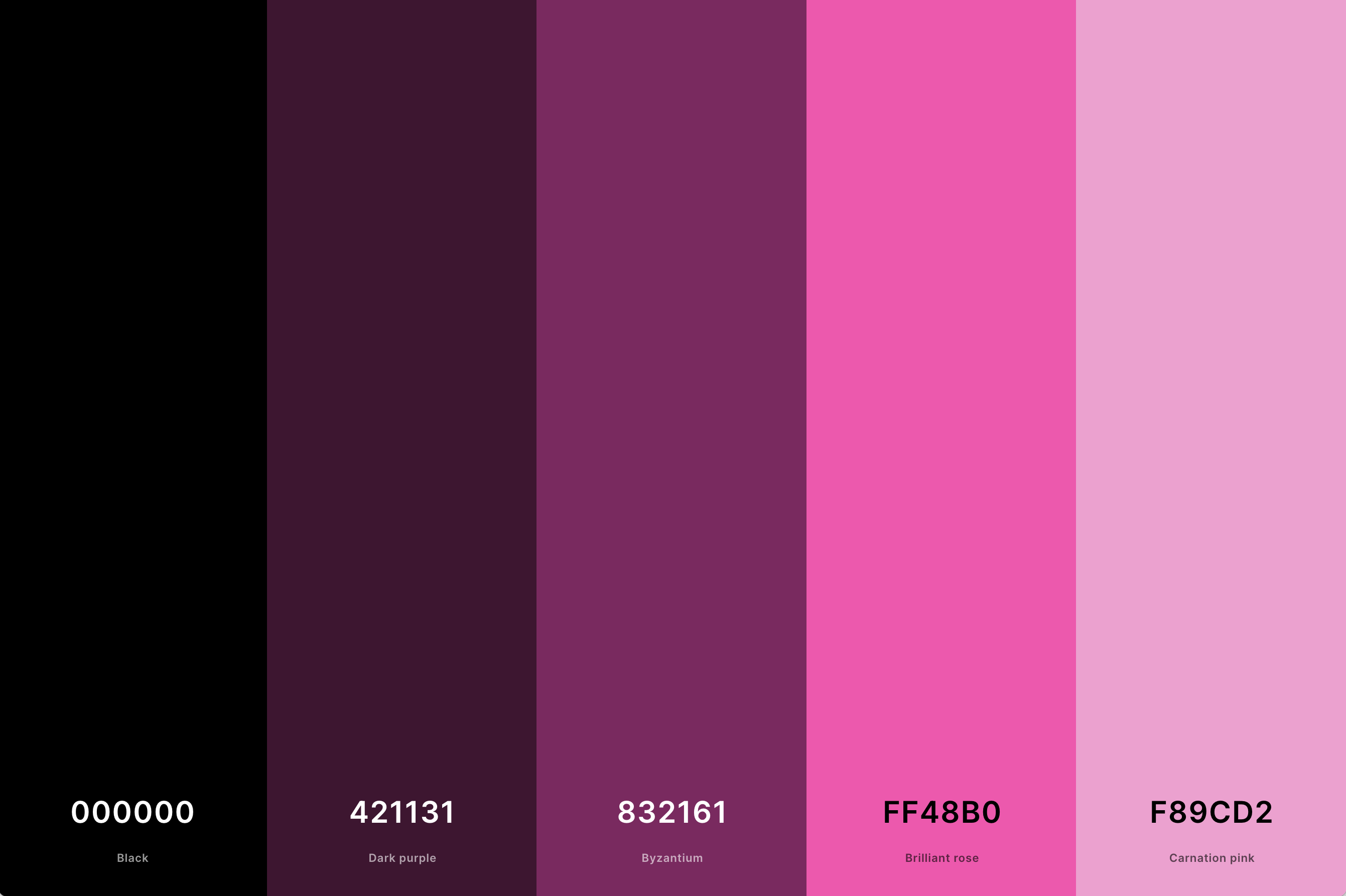19. Dark Pink Color Palette Color Palette with Black (Hex #000000) + Dark Purple (Hex #421131) + Byzantium (Hex #832161) + Brilliant Rose (Hex #FF48B0) + Carnation Pink (Hex #F89CD2) Color Palette with Hex Codes