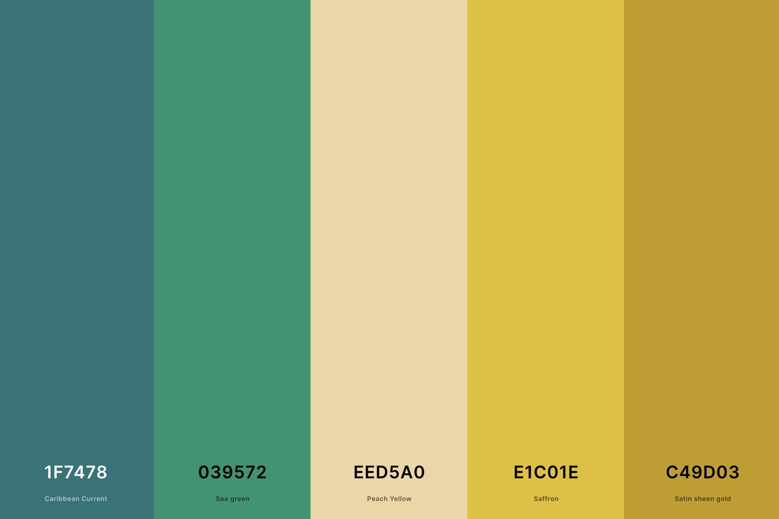 19. Emerald Green And Gold Color Palette Color Palette with Caribbean Current (Hex #1F7478) + Sea Green (Hex #039572) + Peach Yellow (Hex #EED5A0) + Saffron (Hex #E1C01E) + Satin Sheen Gold (Hex #C49D03) Color Palette with Hex Codes