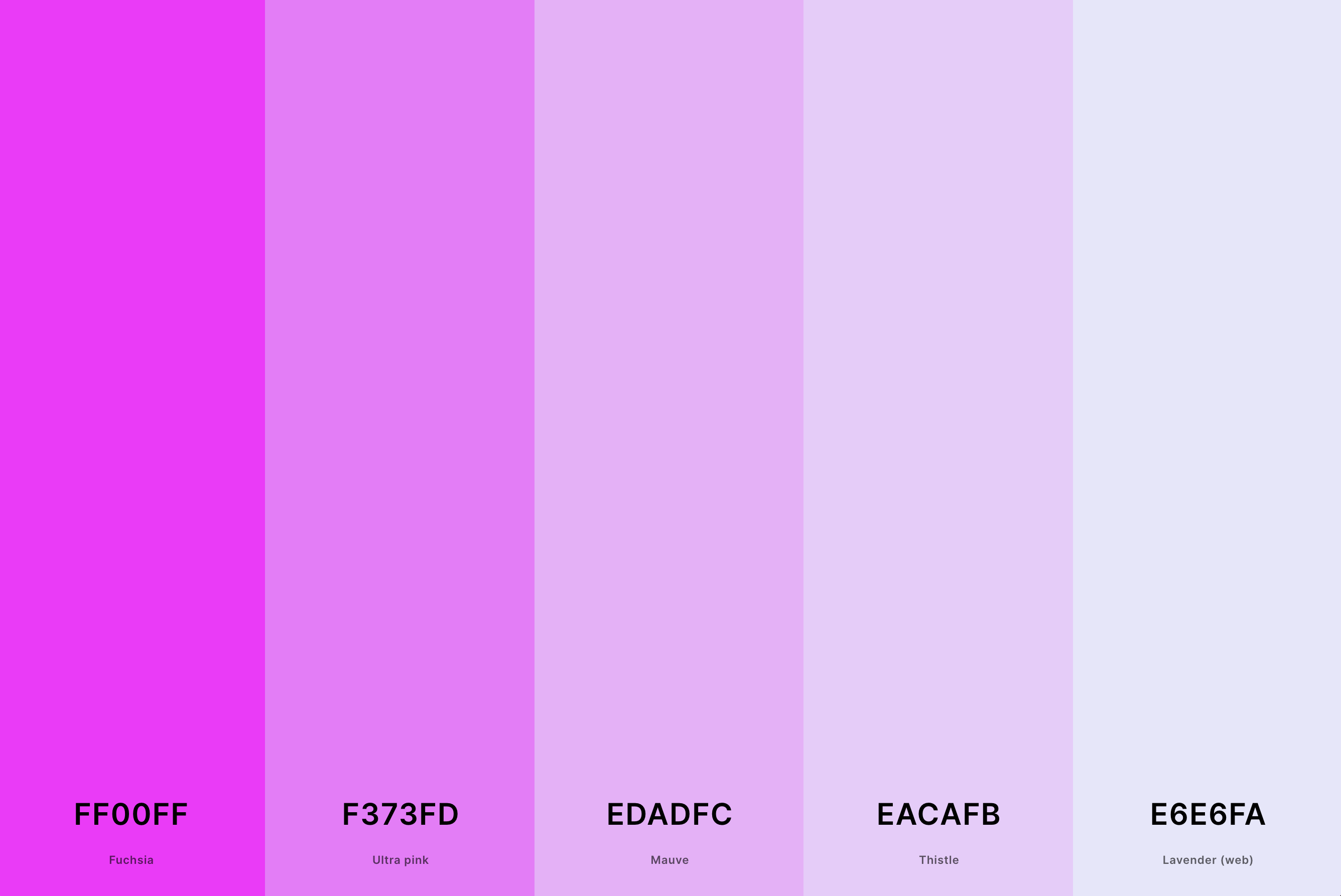 19. Magenta And Lavender Color Palette Color Palette with Fuchsia (Hex #FF00FF) + Ultra Pink (Hex #F373FD) + Mauve (Hex #EDADFC) + Thistle (Hex #EACAFB) + Lavender (Web) (Hex #E6E6FA) Color Palette with Hex Codes