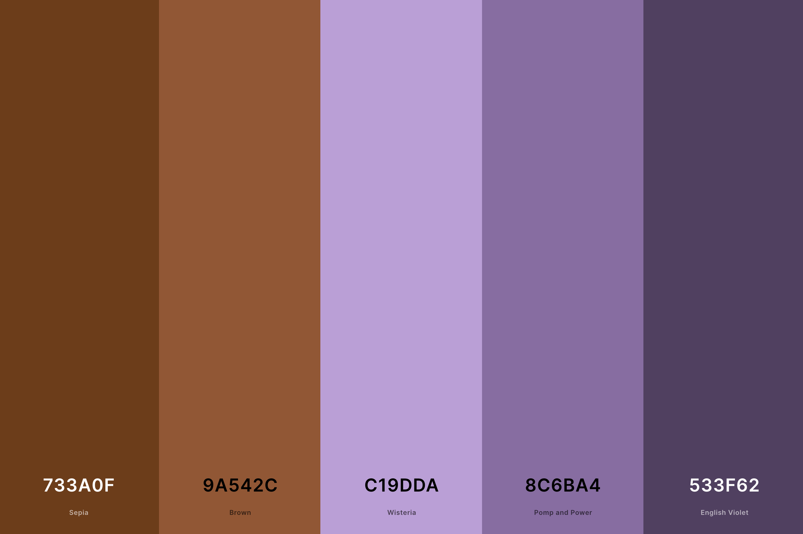 19. Mauve And Brown Color Palette Color Palette with Sepia (Hex #733A0F) + Brown (Hex #9A542C) + Wisteria (Hex #C19DDA) + Pomp And Power (Hex #8C6BA4) + English Violet (Hex #533F62) Color Palette with Hex Codes