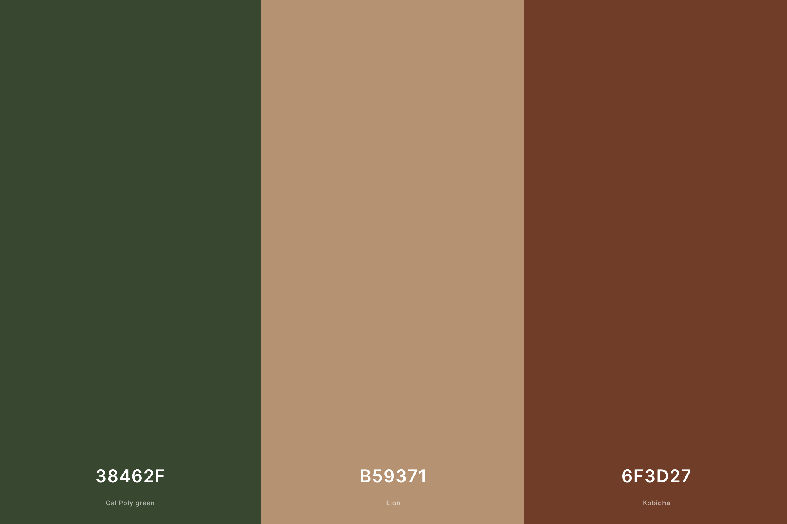 19. Moss Green and Brown Earthy Color Palette with Cal Poly Green (Hex #38462F) + Lion (Hex #B59371) + Kobicha (Hex #6F3D27) with Hex Codes