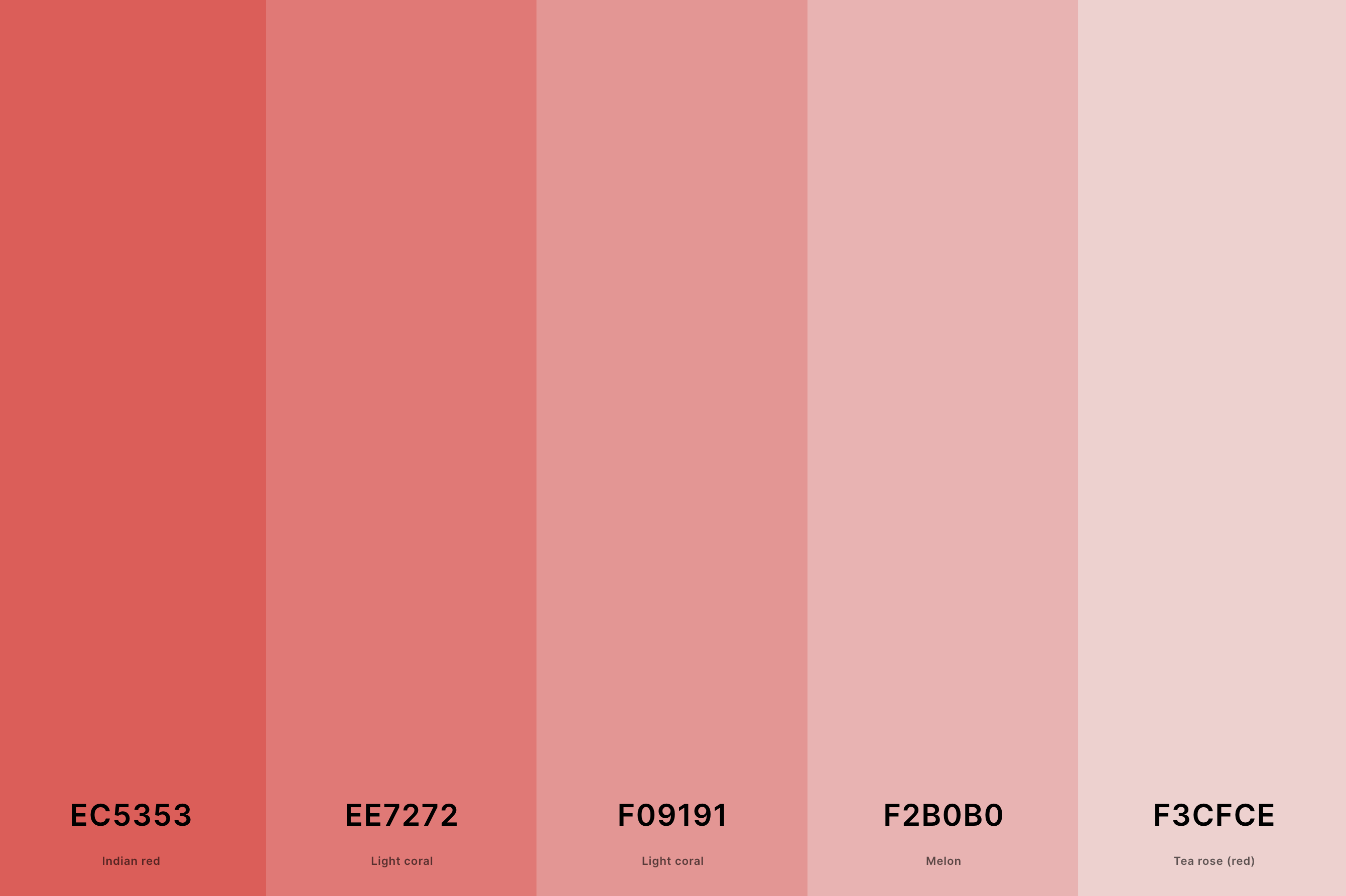 19. Pastel Red Color Palette Color Palette with Indian Red (Hex #EC5353) + Light Coral (Hex #EE7272) + Light Coral (Hex #F09191) + Melon (Hex #F2B0B0) + Tea Rose (Red) (Hex #F3CFCE) Color Palette with Hex Codes