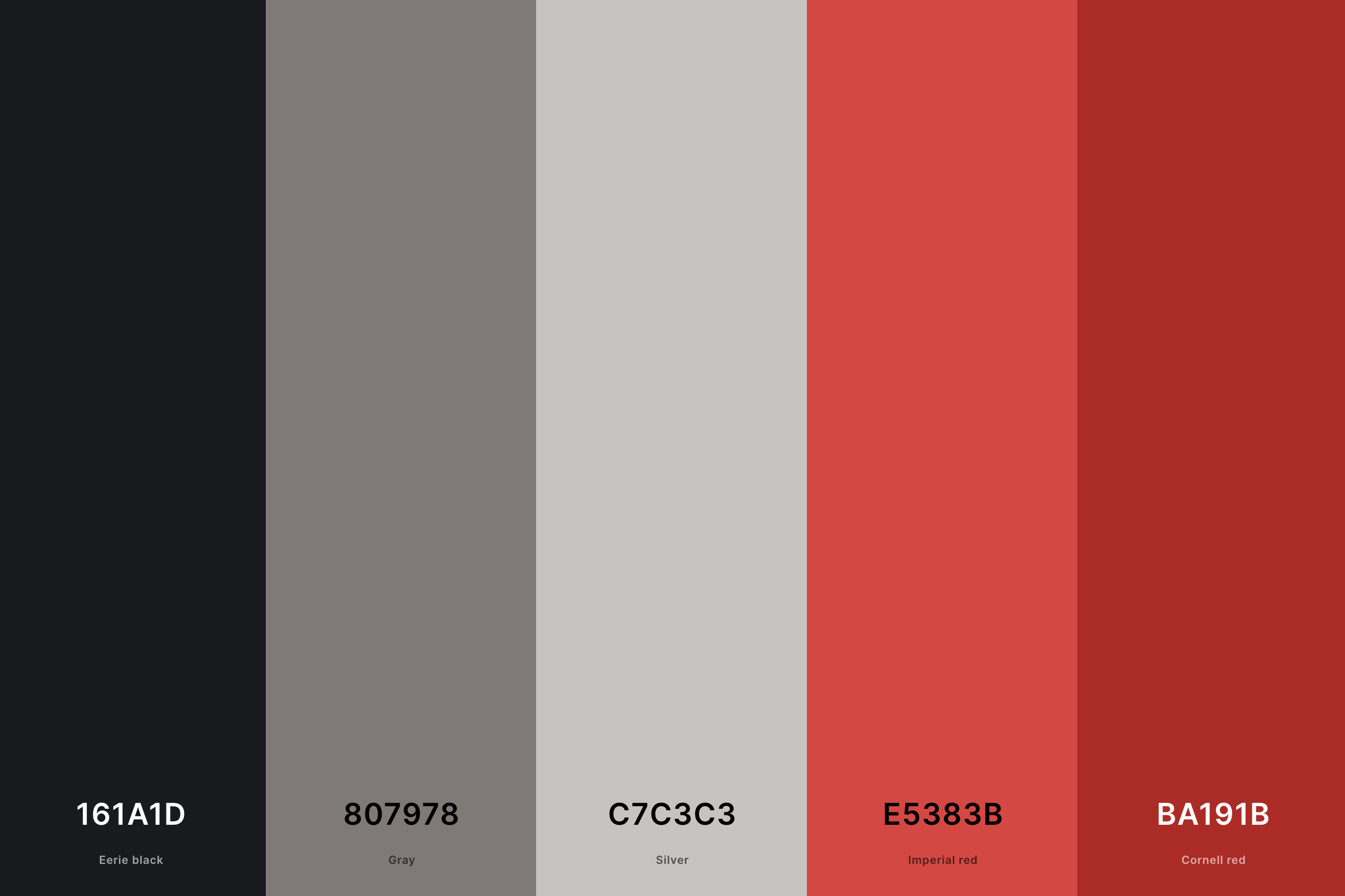 19. Red And Gray Color Palette Color Palette with Eerie Black (Hex #161A1D) + Gray (Hex #807978) + Silver (Hex #C7C3C3) + Imperial Red (Hex #E5383B) + Cornell Red (Hex #BA191B) Color Palette with Hex Codes
