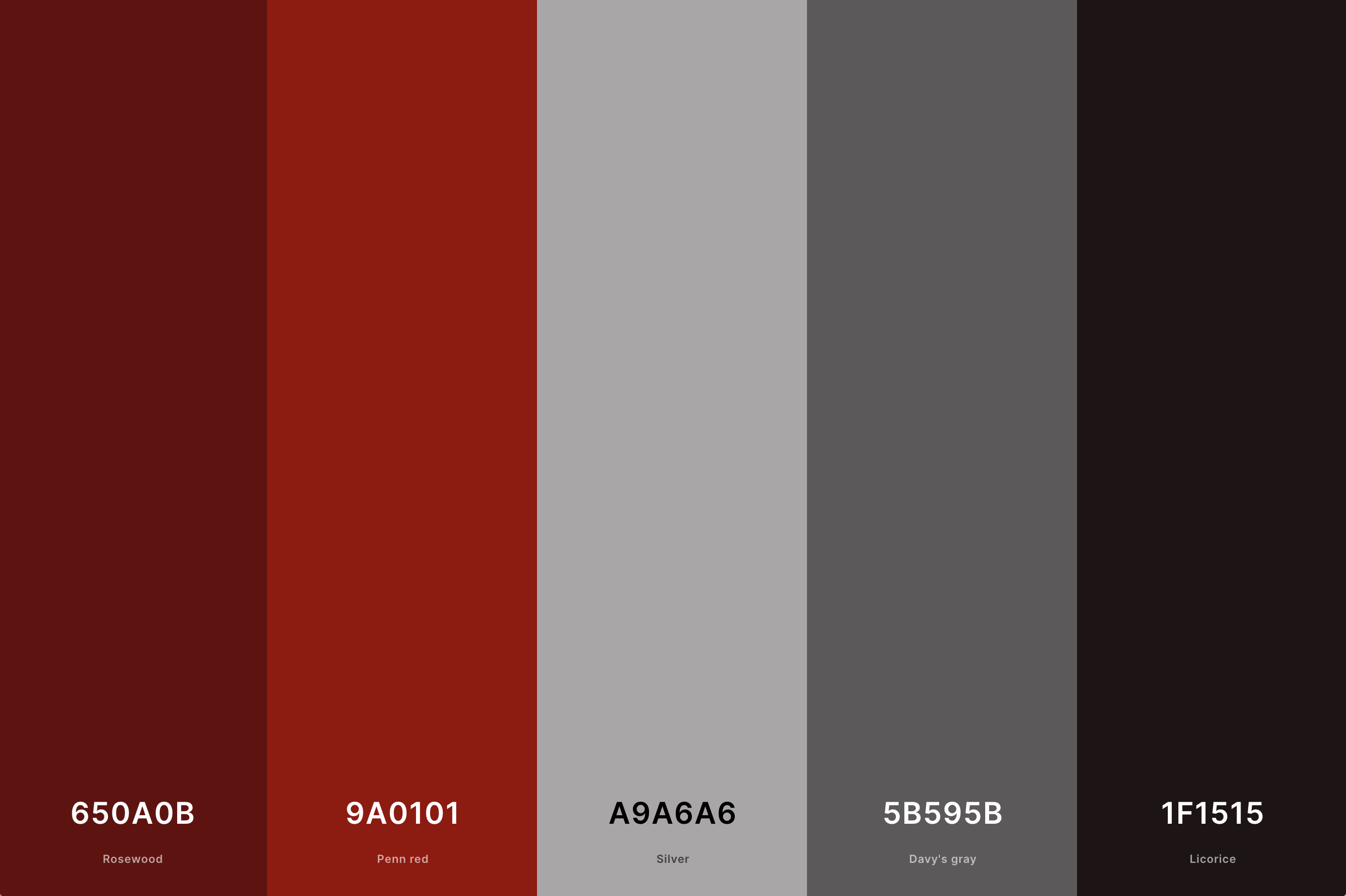 19. Red And Gray Color Palette Color Palette with Rosewood (Hex #650A0B) + Penn Red (Hex #9A0101) + Silver (Hex #A9A6A6) + Davy'S Gray (Hex #5B595B) + Licorice (Hex #1F1515) Color Palette with Hex Codes