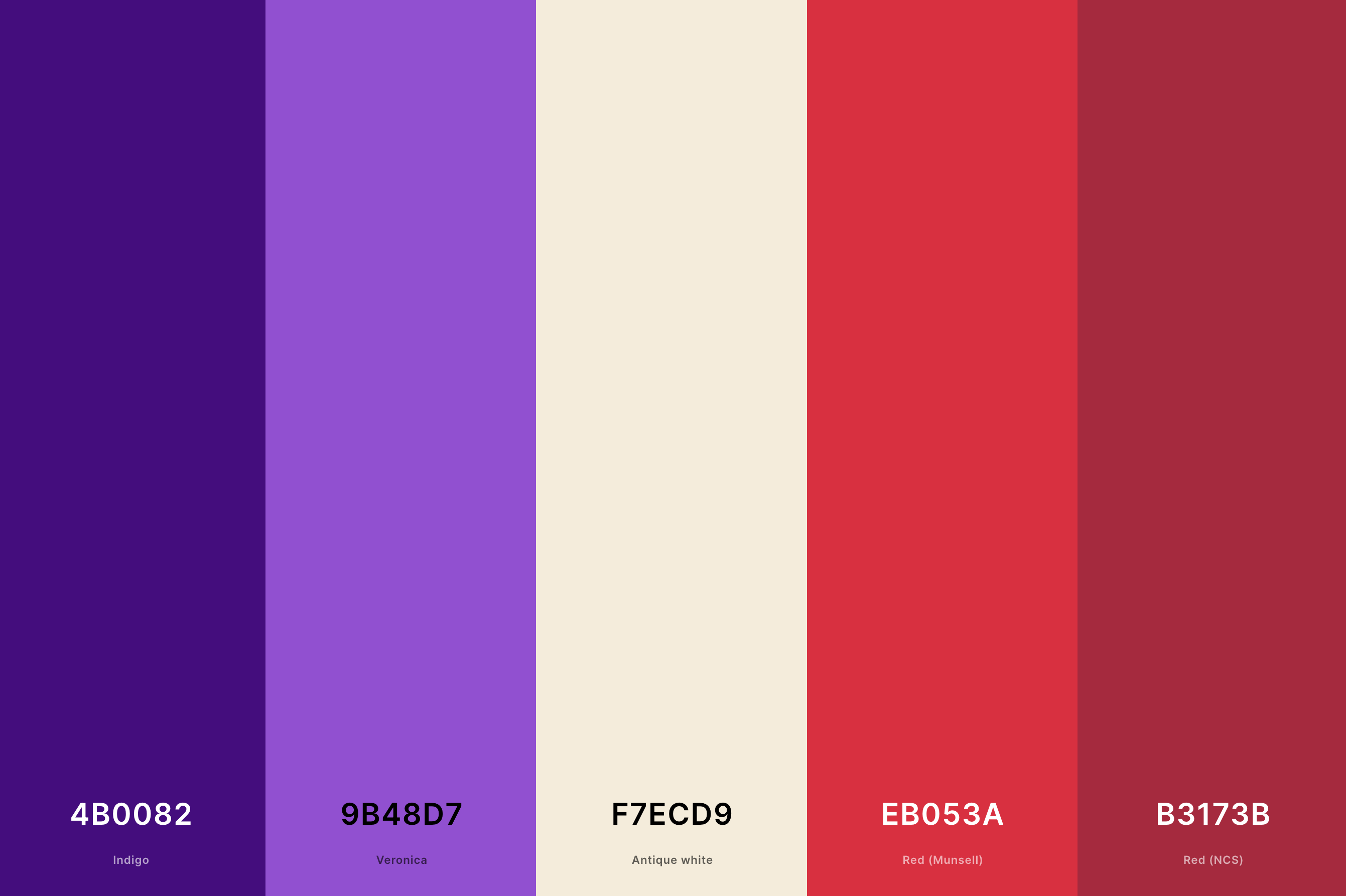 19. Red And Indigo Color Palette Color Palette with Indigo (Hex #4B0082) + Veronica (Hex #9B48D7) + Antique White (Hex #F7ECD9) + Red (Munsell) (Hex #EB053A) + Red (Ncs) (Hex #B3173B) Color Palette with Hex Codes