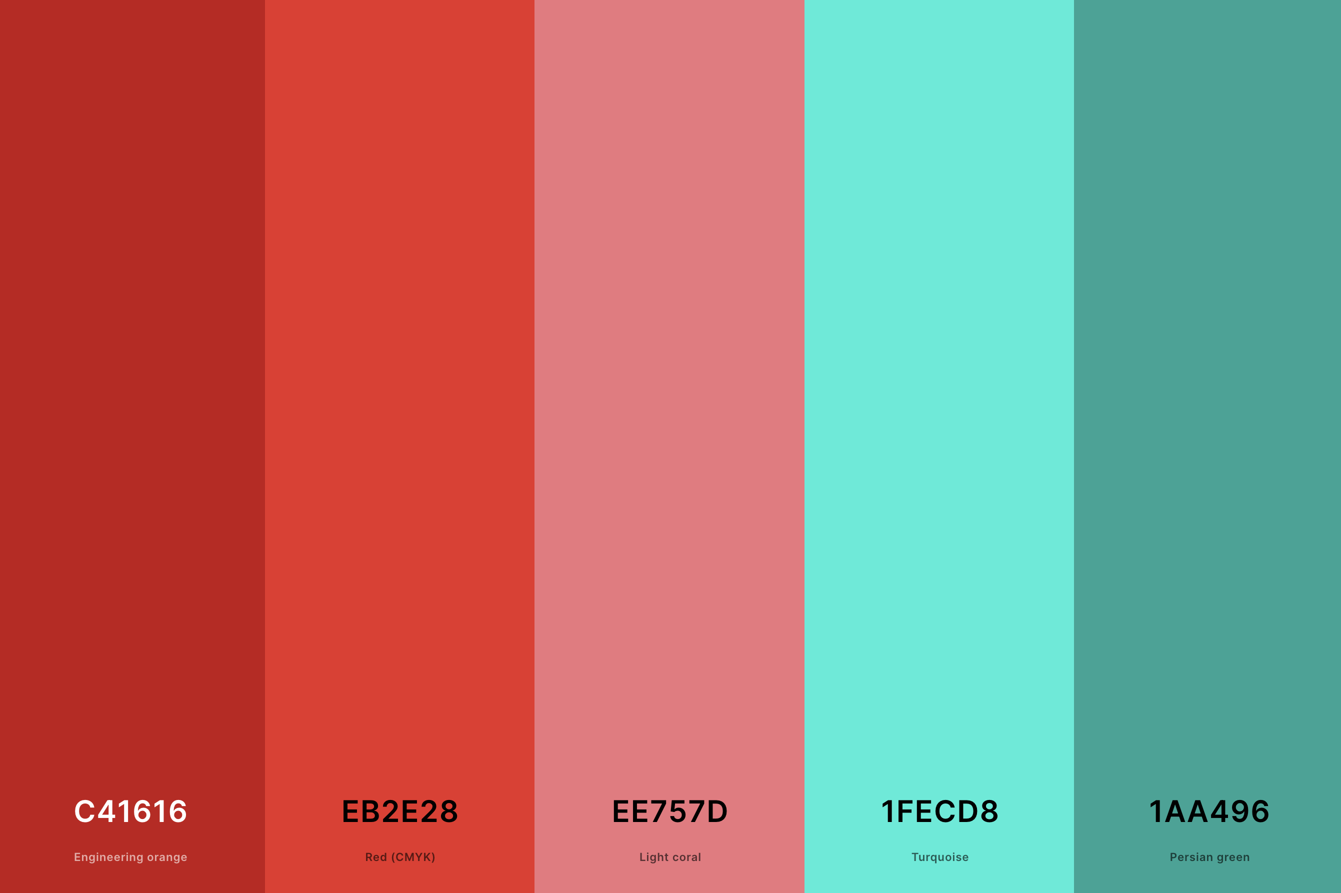 19. Red And Turquoise Color Palette Color Palette with Engineering Orange (Hex #C41616) + Red (Cmyk) (Hex #EB2E28) + Light Coral (Hex #EE757D) + Turquoise (Hex #1FECD8) + Persian Green (Hex #1AA496) Color Palette with Hex Codes