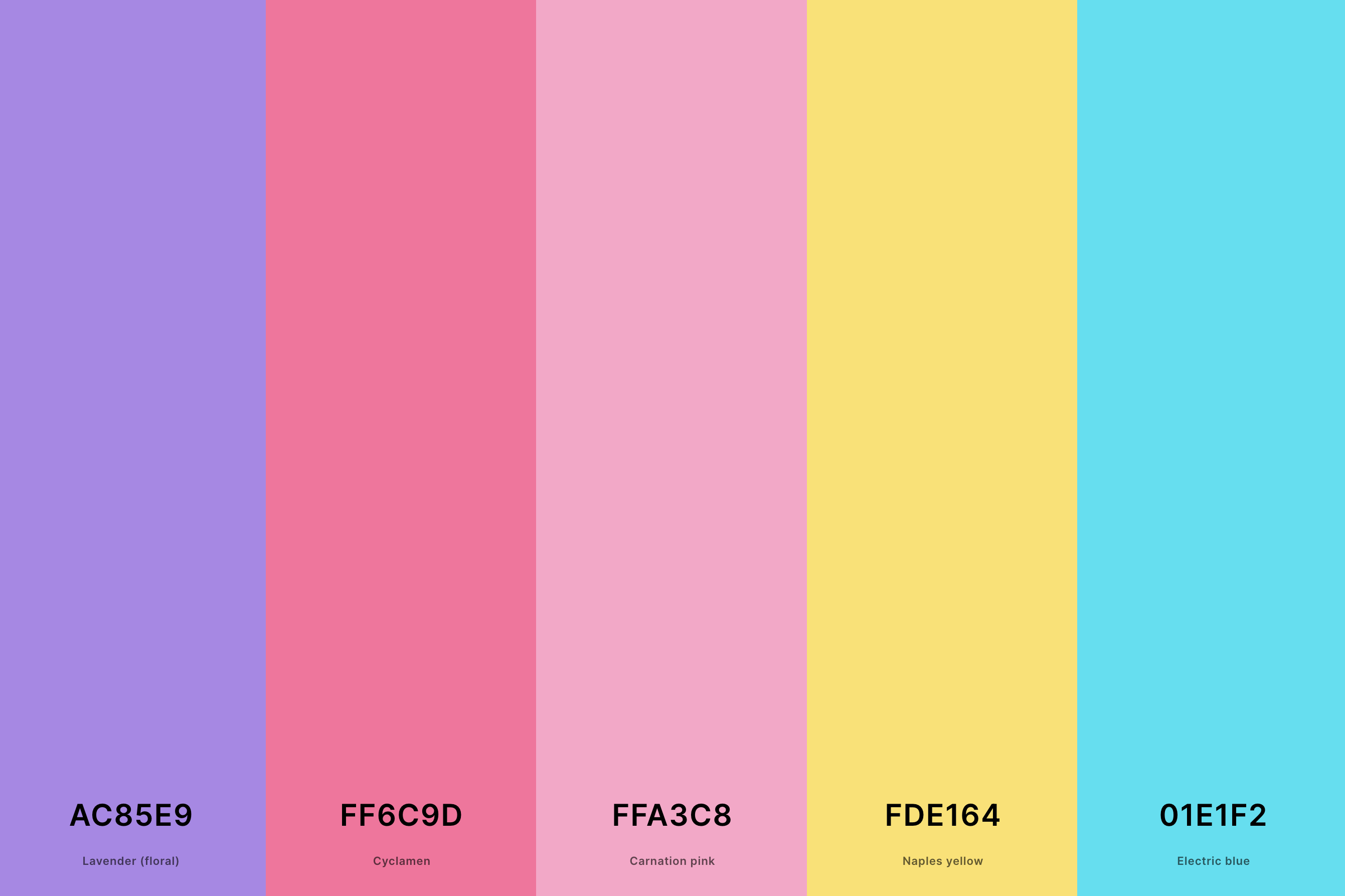 19. Retro 90s Color Palette Color Palette with Lavender (Floral) (Hex #AC85E9) + Cyclamen (Hex #FF6C9D) + Carnation Pink (Hex #FFA3C8) + Naples Yellow (Hex #FDE164) + Electric Blue (Hex #01E1F2) Color Palette with Hex Codes