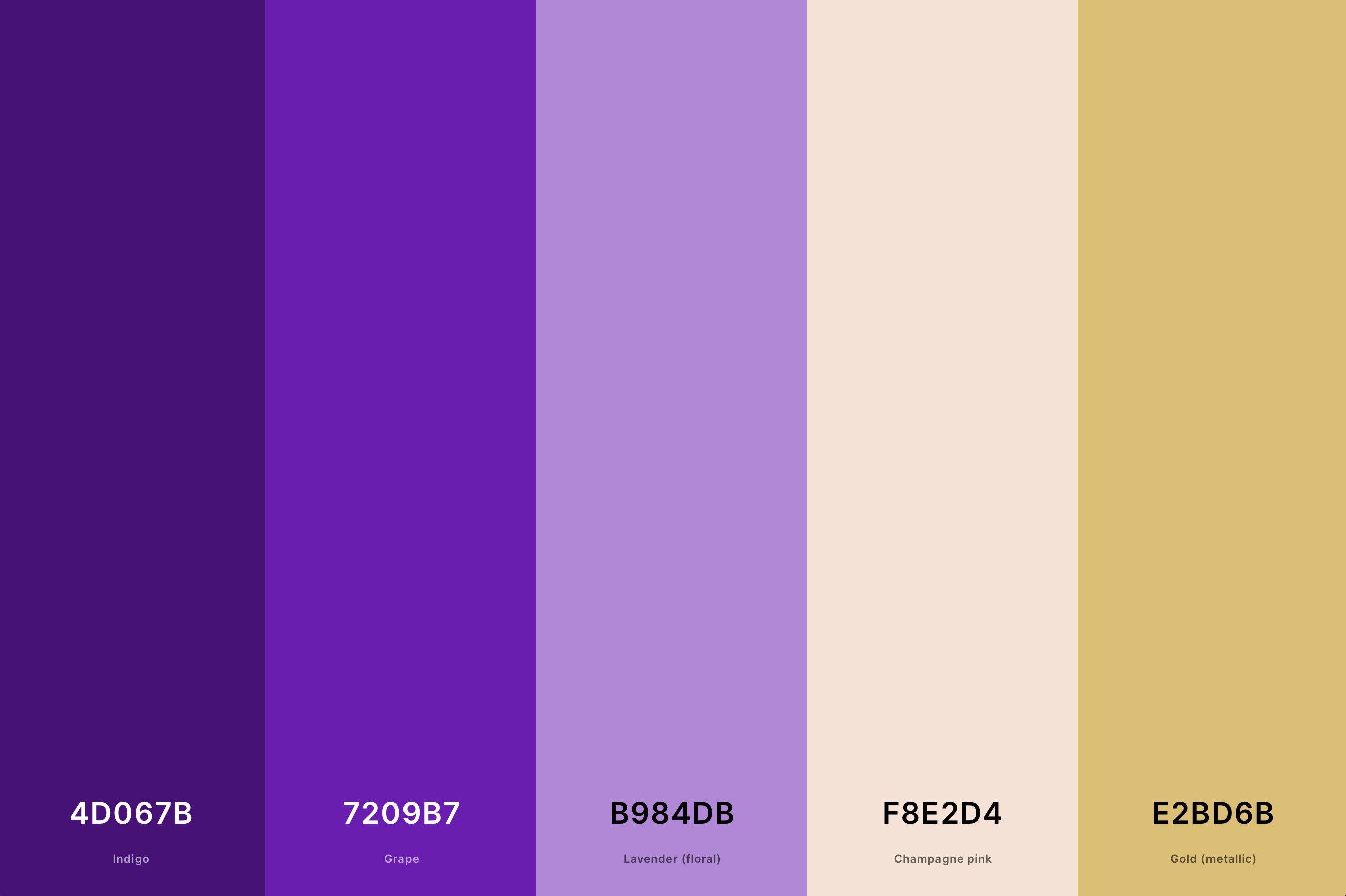 19. Royal Purple Color Palette Color Palette with Indigo (Hex #4D067B) + Grape (Hex #7209B7) + Lavender (Floral) (Hex #B984DB) + Champagne Pink (Hex #F8E2D4) + Gold (Metallic) (Hex #E2BD6B) Color Palette with Hex Codes