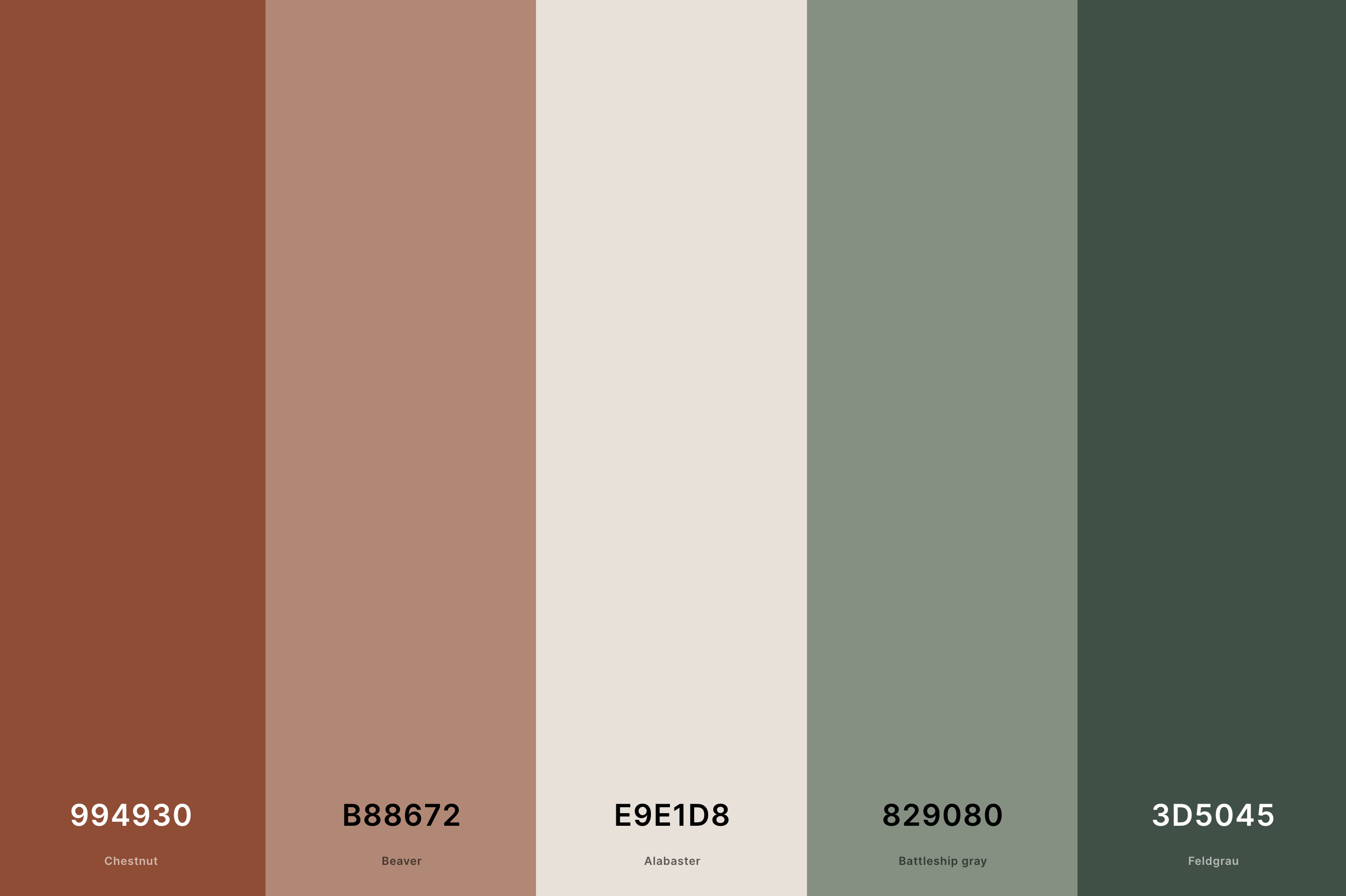 19. Sage Green And Rust Color Palette Color Palette with Chestnut (Hex #994930) + Beaver (Hex #B88672) + Alabaster (Hex #E9E1D8) + Battleship Gray (Hex #829080) + Feldgrau (Hex #3D5045) Color Palette with Hex Codes