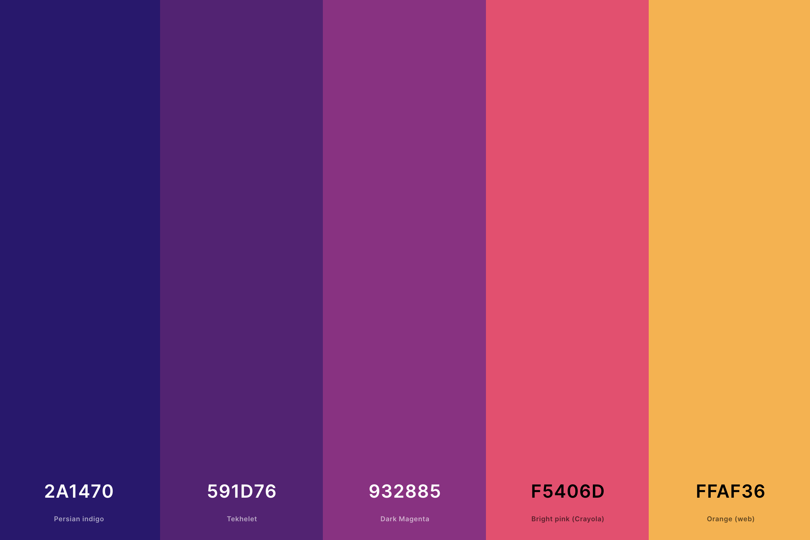 19. Sunset Gradient Color Palette Color Palette with Persian Indigo (Hex #2A1470) + Tekhelet (Hex #591D76) + Dark Magenta (Hex #932885) + Bright Pink (Crayola) (Hex #F5406D) + Orange (Web) (Hex #FFAF36) Color Palette with Hex Codes