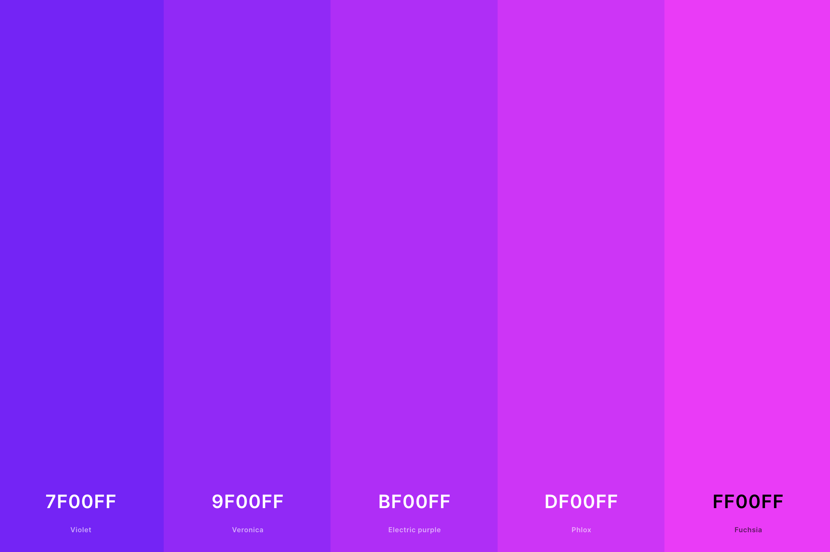 19. Violet And Magenta Color Palette Color Palette with Violet (Hex #7F00FF) + Veronica (Hex #9F00FF) + Electric Purple (Hex #BF00FF) + Phlox (Hex #DF00FF) + Magenta (Hex #FF00FF) Color Palette with Hex Codes