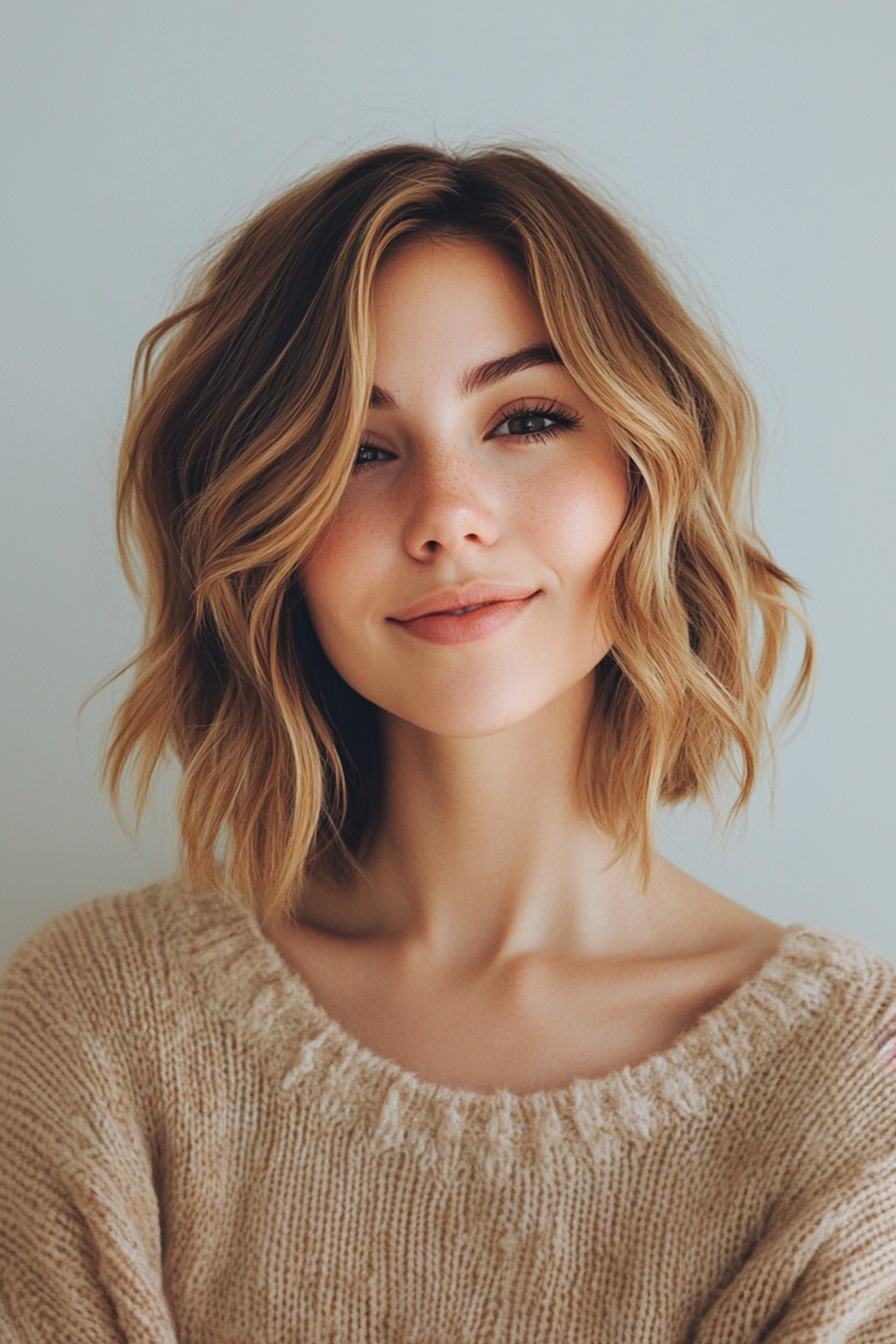 19. Wavy Bob in Buttery Blonde Balayage (Medium Bob Hairstyles) - Medium Bob Hairstyles