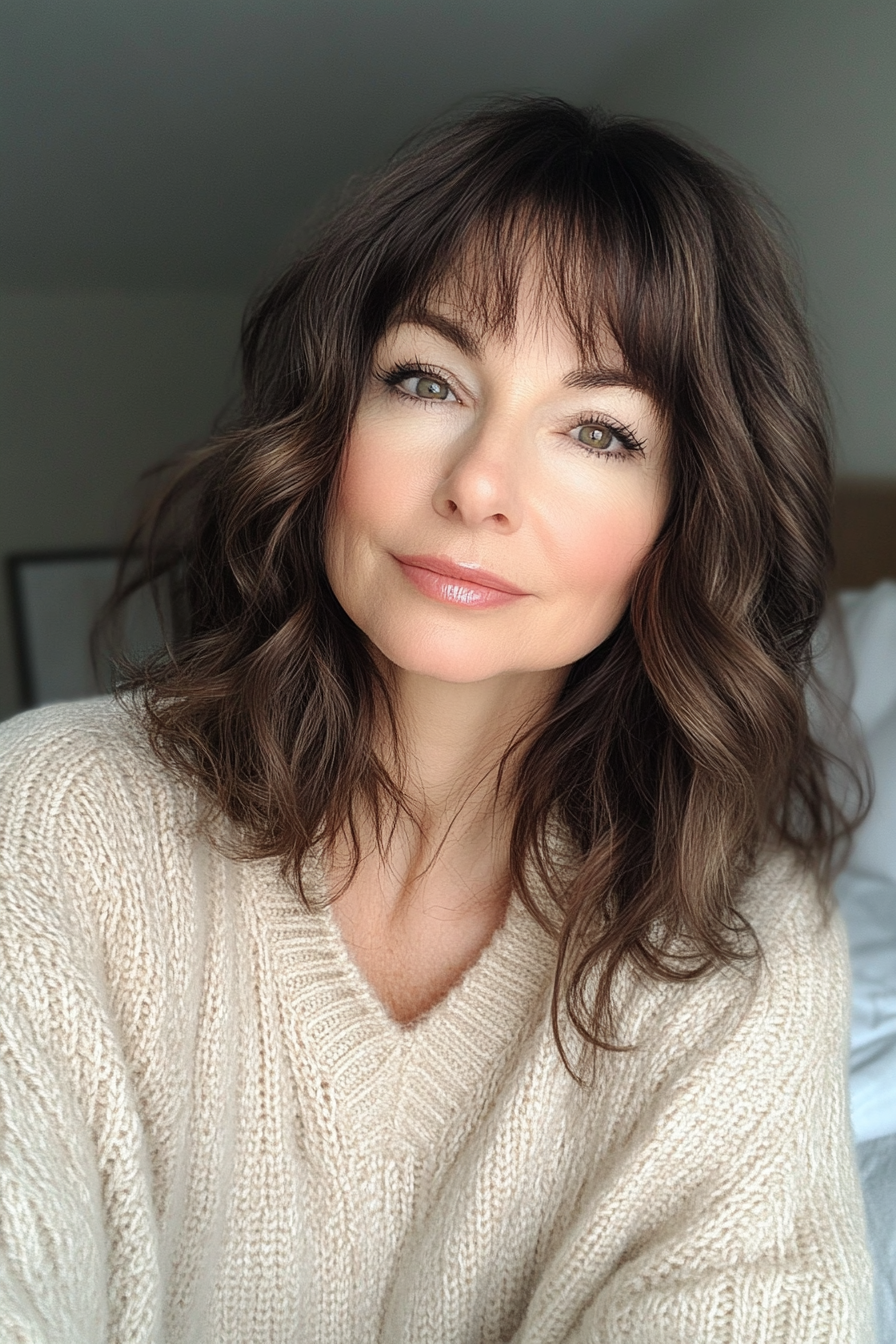 19. Wispy Lob with Soft Angled Bangs (Hairstyles For Older Women With Bangs) - Hairstyles For Older Women With Bangs