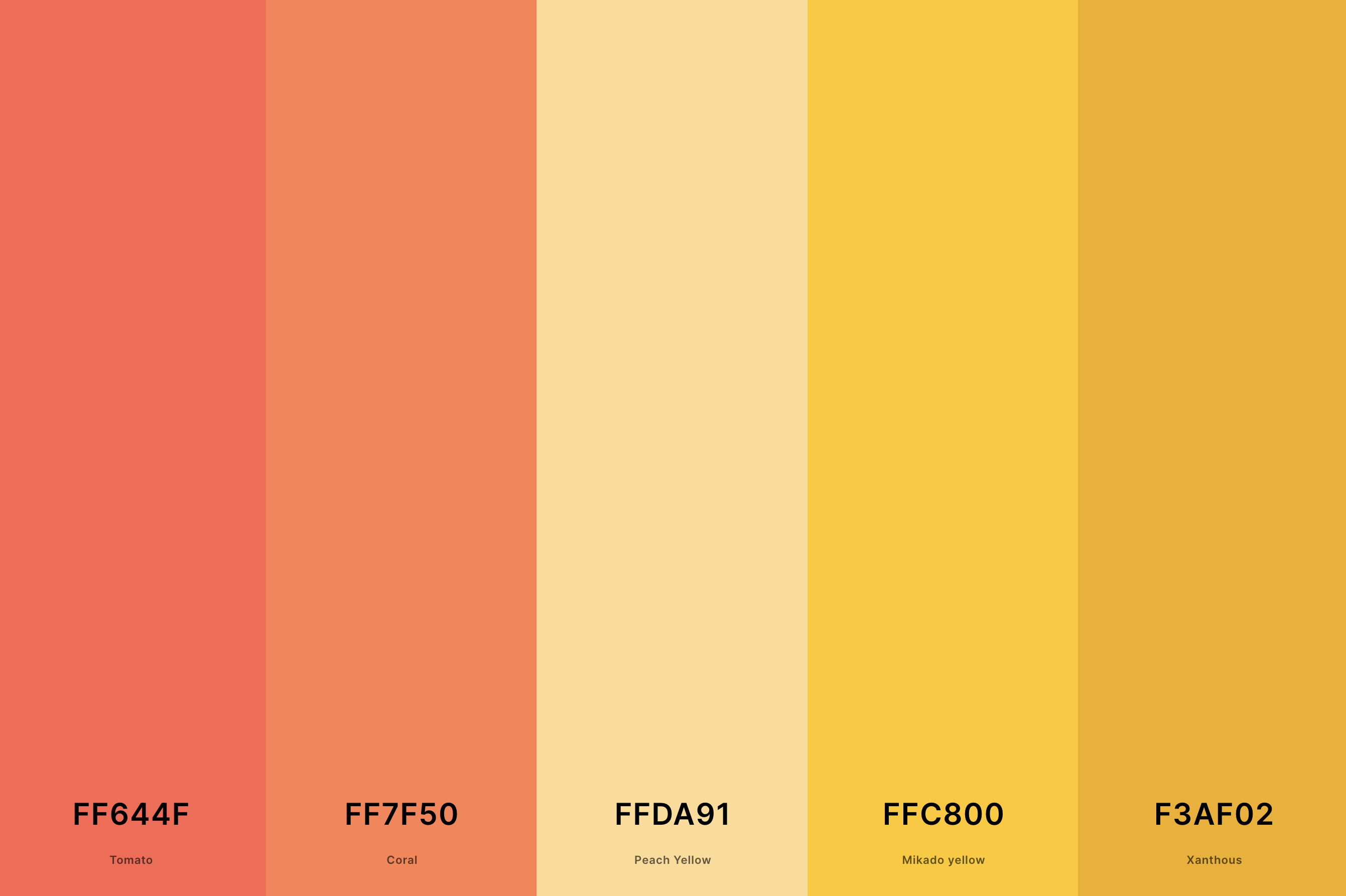 19. Yellow And Coral Color Palette Color Palette with Tomato (Hex #FF644F) + Coral (Hex #FF7F50) + Peach Yellow (Hex #FFDA91) + Mikado Yellow (Hex #FFC800) + Xanthous (Hex #F3AF02) Color Palette with Hex Codes