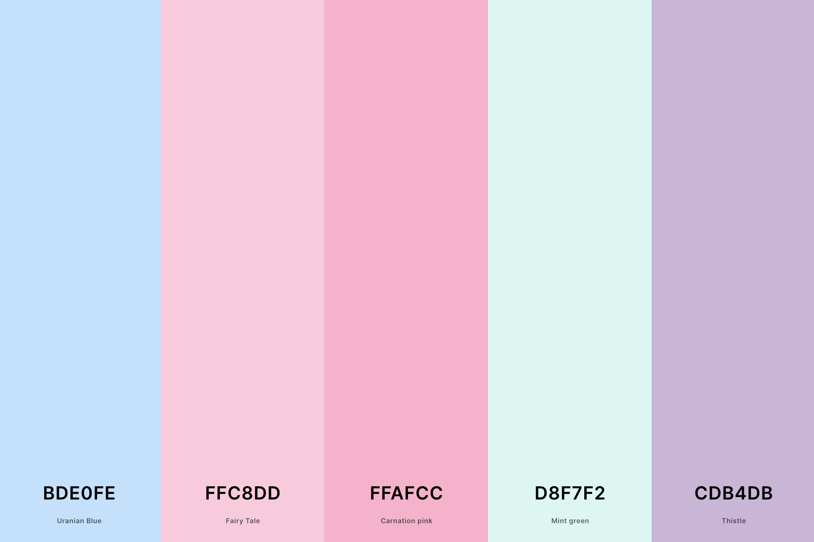 2. Aesthetic Pastel Color Palette Color Palette with Uranian Blue (Hex #BDE0FE) + Fairy Tale (Hex #FFC8DD) + Carnation Pink (Hex #FFAFCC) + Mint Green (Hex #D8F7F2) + Thistle (Hex #CDB4DB) Color Palette with Hex Codes