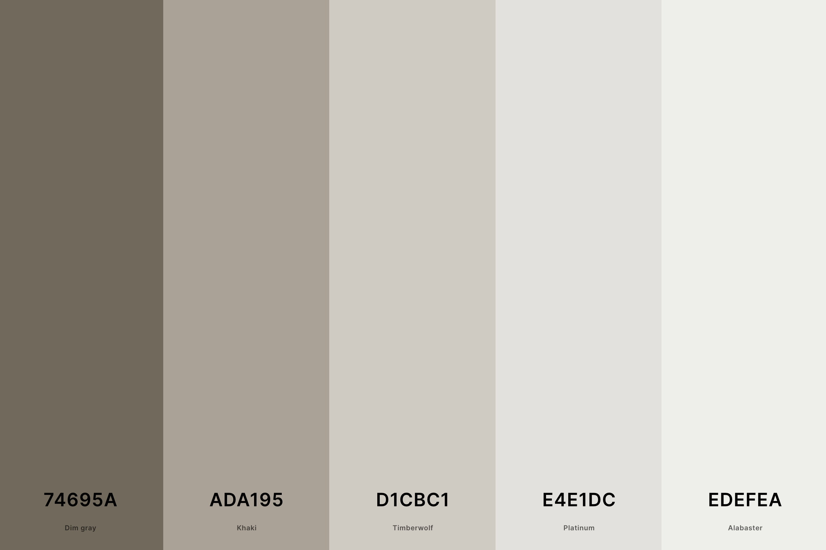 2. Agreeable Gray Color Palette Color Palette with Dim Gray (Hex #74695A) + Khaki (Hex #ADA195) + Timberwolf (Agreeable Gray) (Hex #D1CBC1) + Platinum (Hex #E4E1DC) + Alabaster (Hex #EDEFEA) Color Palette with Hex Codes
