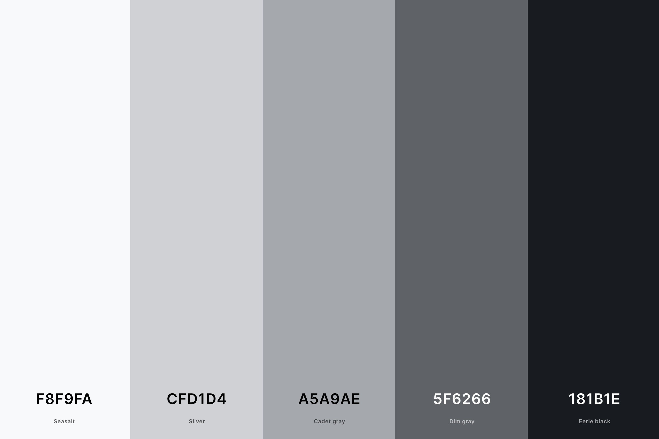 2. Black And White Color Palette Color Palette with Seasalt (Hex #F8F9FA) + Silver (Hex #CFD1D4) + Cadet Gray (Hex #A5A9AE) + Dim Gray (Hex #5F6266) + Eerie Black (Hex #181B1E) Color Palette with Hex Codes