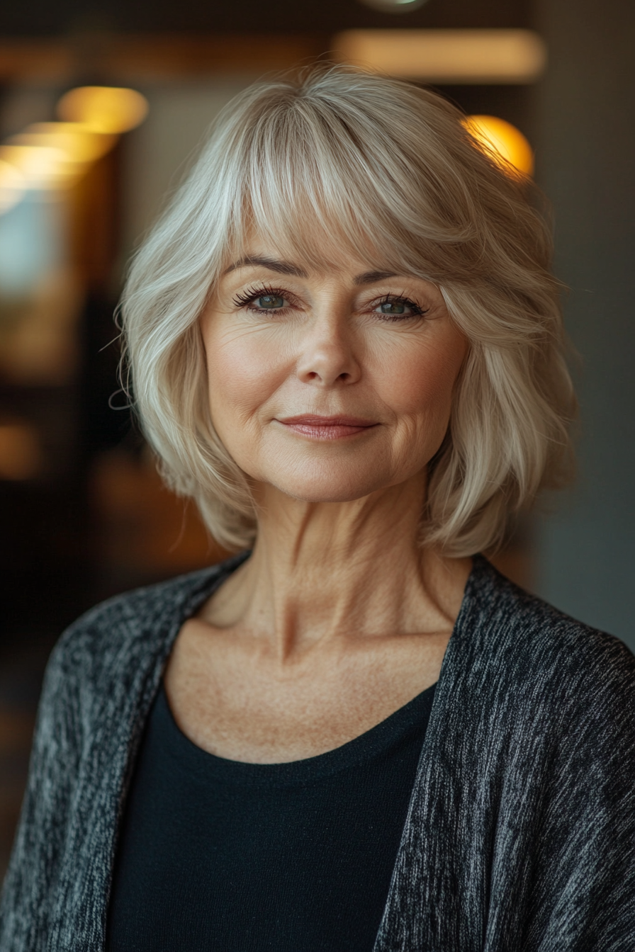 2. Blonde Bob with Curtain Bangs (Hairstyles For Older Women With Bangs) - Hairstyles For Older Women With Bangs