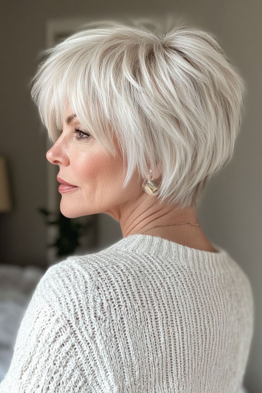 2. Blonde Shaggy Pixie Bob with Side-Swept Bangs (Shaggy Hairstyles For Older Women) - Shaggy Hairstyles For Older Women