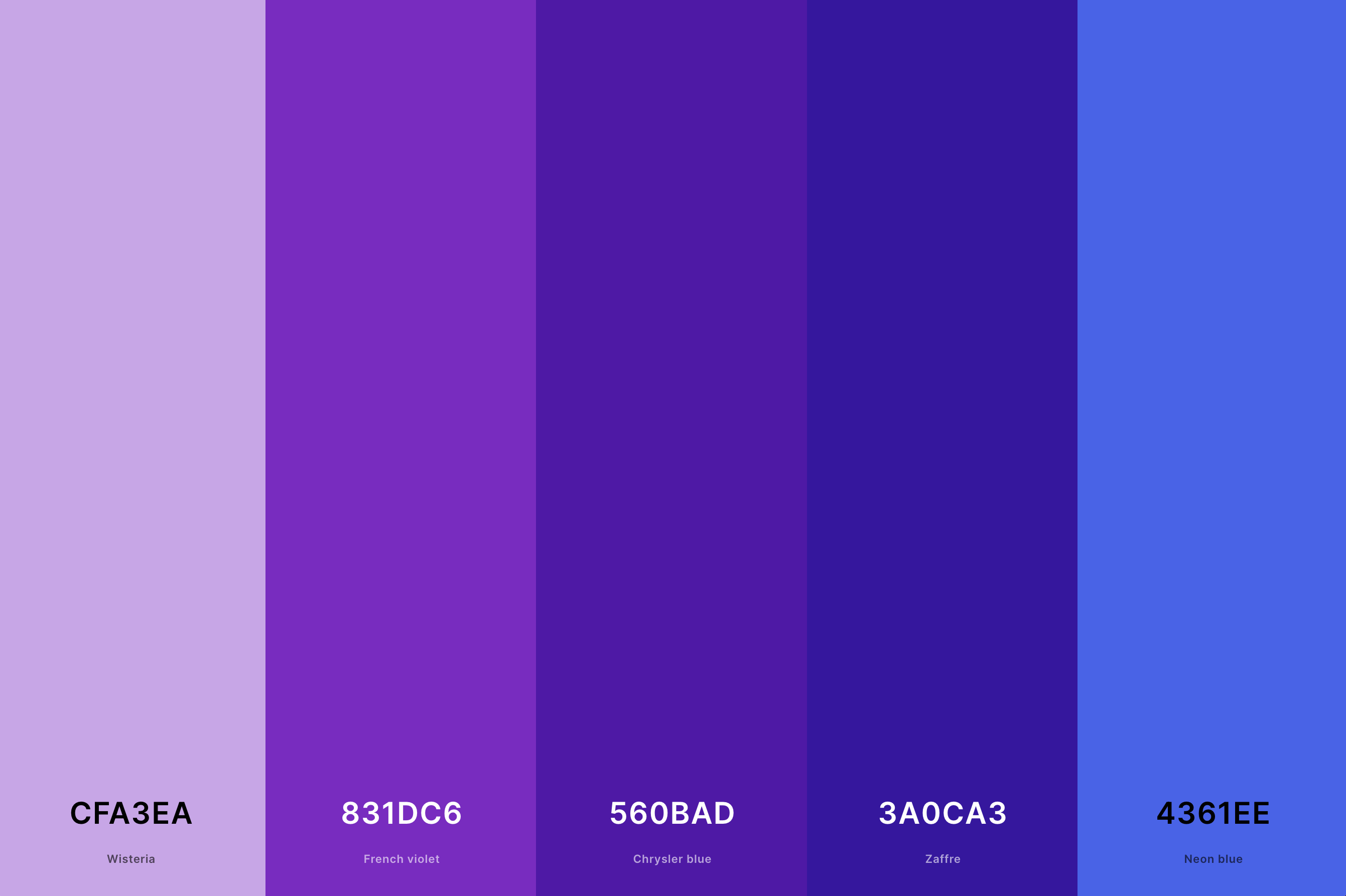 2. Blue And Purple Color Palette Color Palette with Wisteria (Hex #CFA3EA) + French Violet (Hex #831DC6) + Chrysler Blue (Hex #560BAD) + Zaffre (Hex #3A0CA3) + Neon Blue (Hex #4361EE) Color Palette with Hex Codes