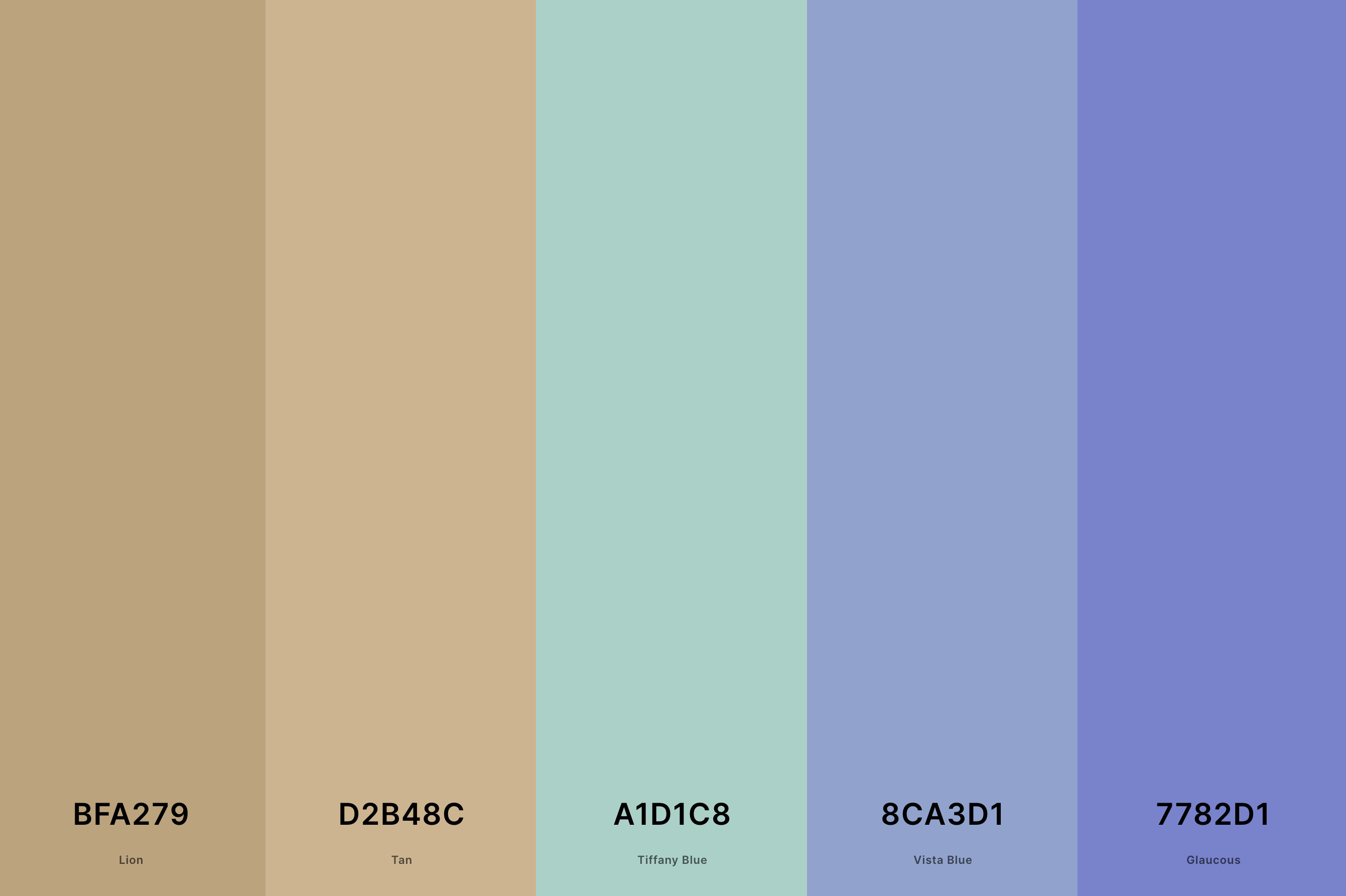2. Blue And Tan Color Palette Color Palette with Lion (Hex #BFA279) + Tan (Hex #D2B48C) + Tiffany Blue (Hex #A1D1C8) + Vista Blue (Hex #8CA3D1) + Glaucous (Hex #7782D1) Color Palette with Hex Codes