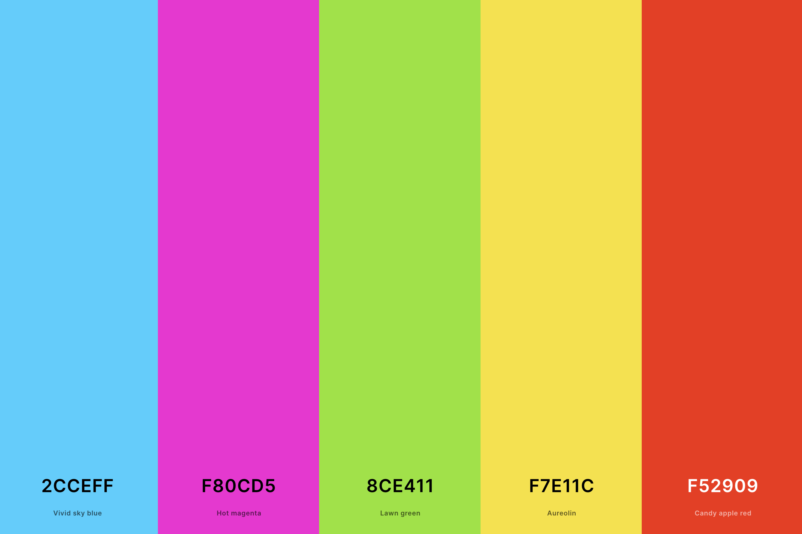 2. Bright Retro Color Palette Color Palette with Vivid Sky Blue (Hex #2CCEFF) + Hot Magenta (Hex #F80CD5) + Lawn Green (Hex #8CE411) + Aureolin (Hex #F7E11C) + Candy Apple Red (Hex #F52909) Color Palette with Hex Codes