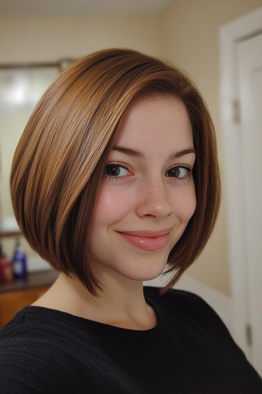 2. Chin-Length Bob with Warm Chestnut (Short Hairstyles For Round Faces) - Short Hairstyles For Round Faces