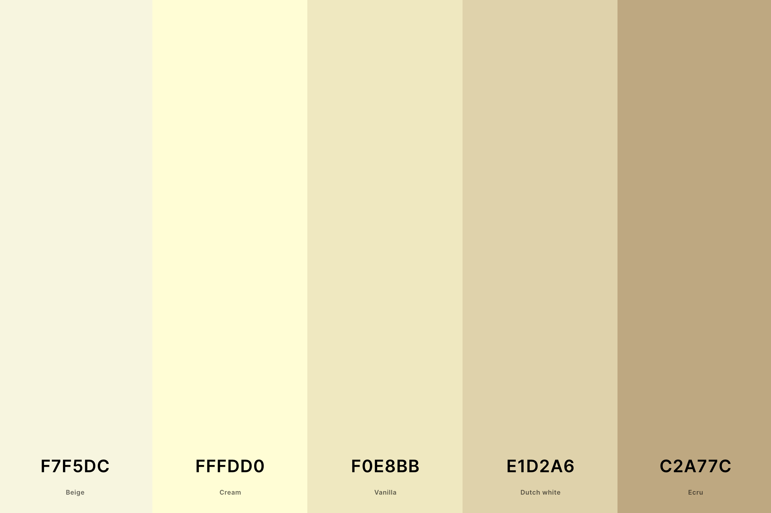 2. Cream Beige Color Palette Color Palette with Beige (Hex #F7F5DC) + Cream (Hex #FFFDD0) + Vanilla (Hex #F0E8BB) + Dutch White (Hex #E1D2A6) + Ecru (Hex #C2A77C) Color Palette with Hex Codes