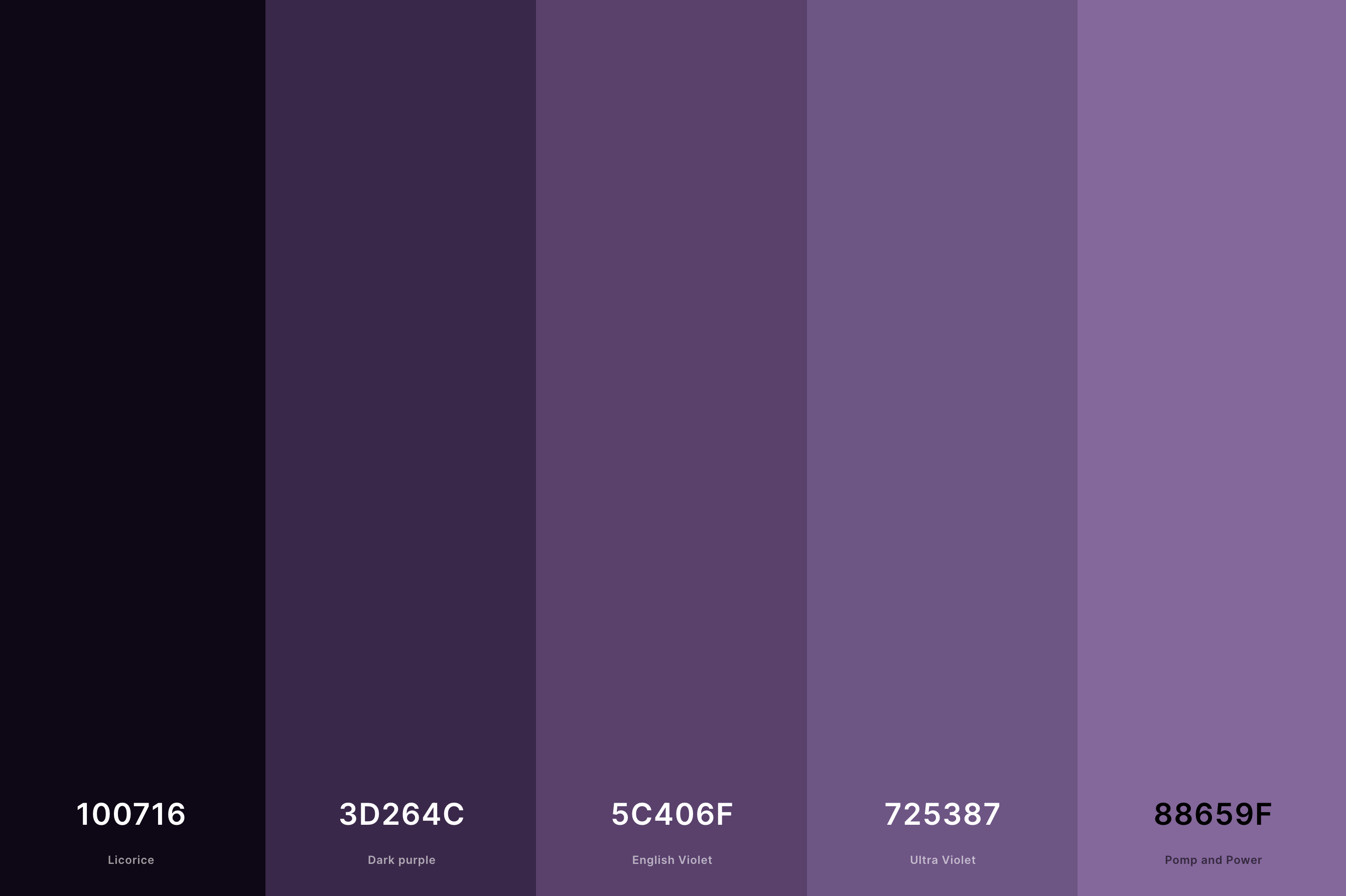 2. Dark Mauve Color Palette Color Palette with Licorice (Hex #100716) + Dark Purple (Hex #3D264C) + English Violet (Hex #5C406F) + Ultra Violet (Hex #725387) + Pomp And Power (Hex #88659F) Color Palette with Hex Codes