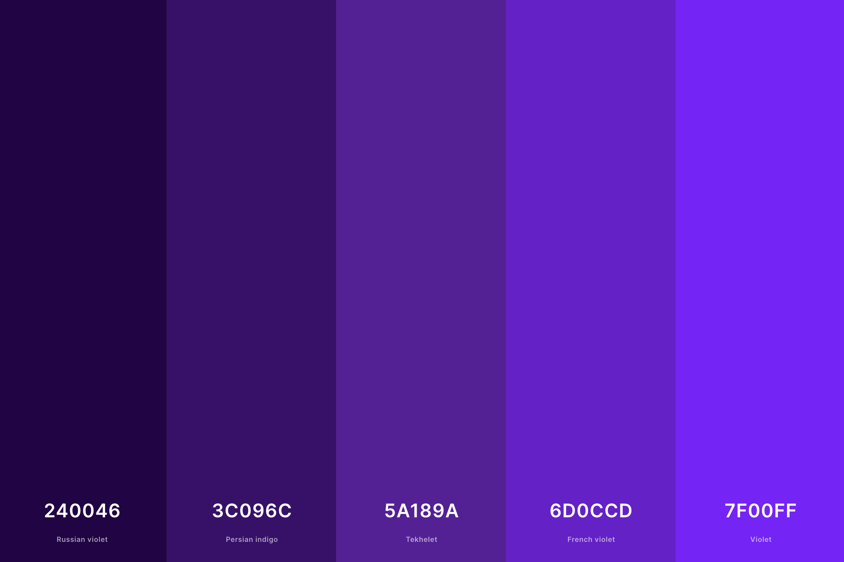 2. Dark Violet Color Palette Color Palette with Russian Violet (Hex #240046) + Persian Indigo (Hex #3C096C) + Tekhelet (Hex #5A189A) + French Violet (Hex #6D0CCD) + Violet (Hex #7F00FF) Color Palette with Hex Codes