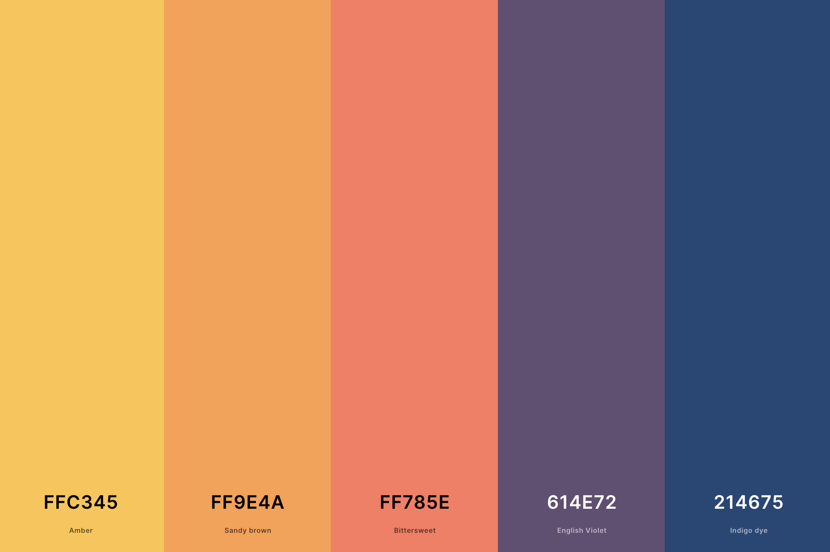 2. Desert Sunset Color Palette Color Palette with Amber (Hex #FFC345) + Sandy Brown (Hex #FF9E4A) + Bittersweet (Hex #FF785E) + English Violet (Hex #614E72) + Indigo Dye (Hex #214675) Color Palette with Hex Codes