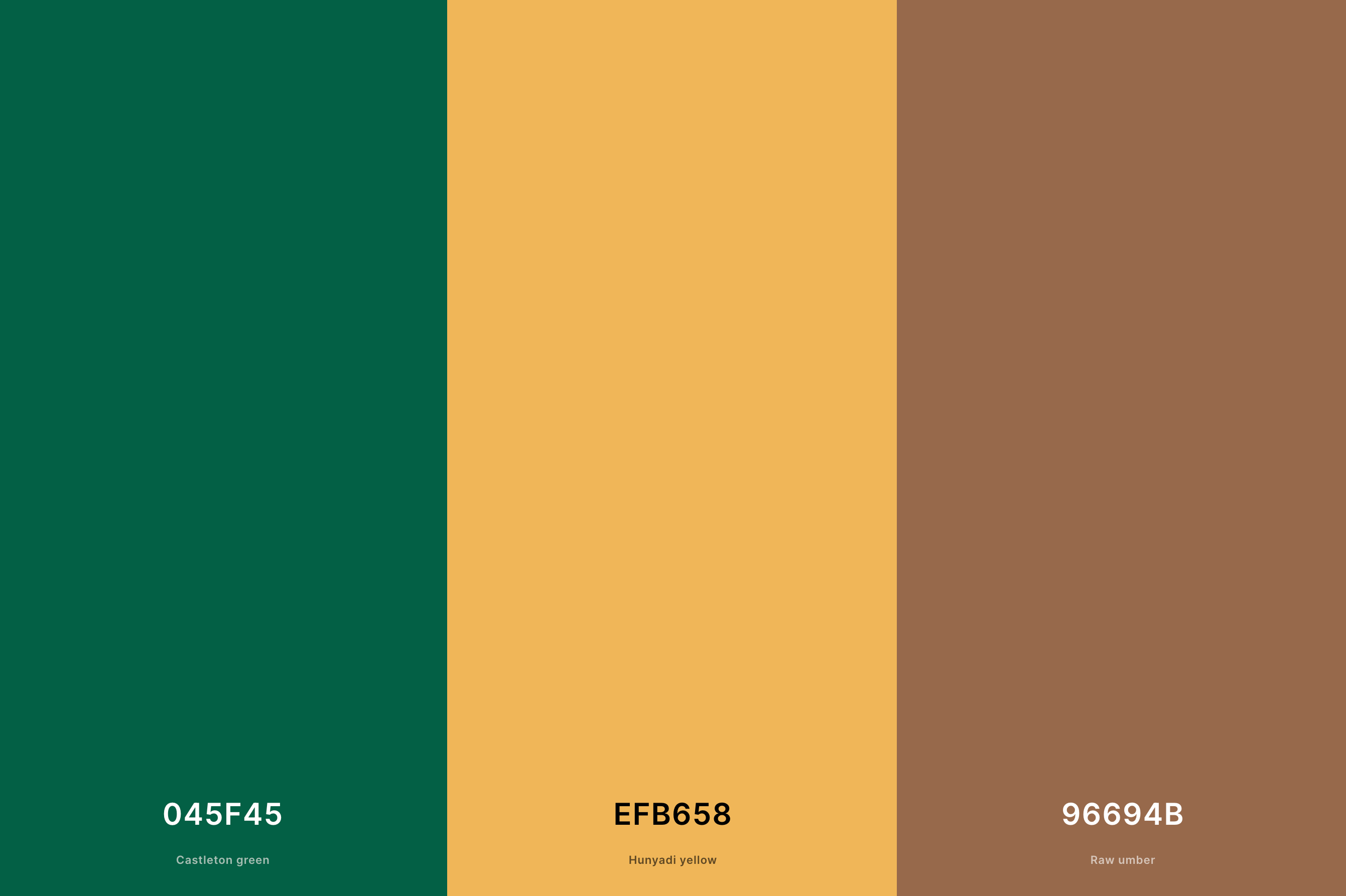 2. Emerald Green and Gold Palette Color Palette with Castleton Green (Hex #045F45) + Hunyadi Yellow (Hex #EFB658) + Raw Umber (Hex #96694B) with Hex Codes