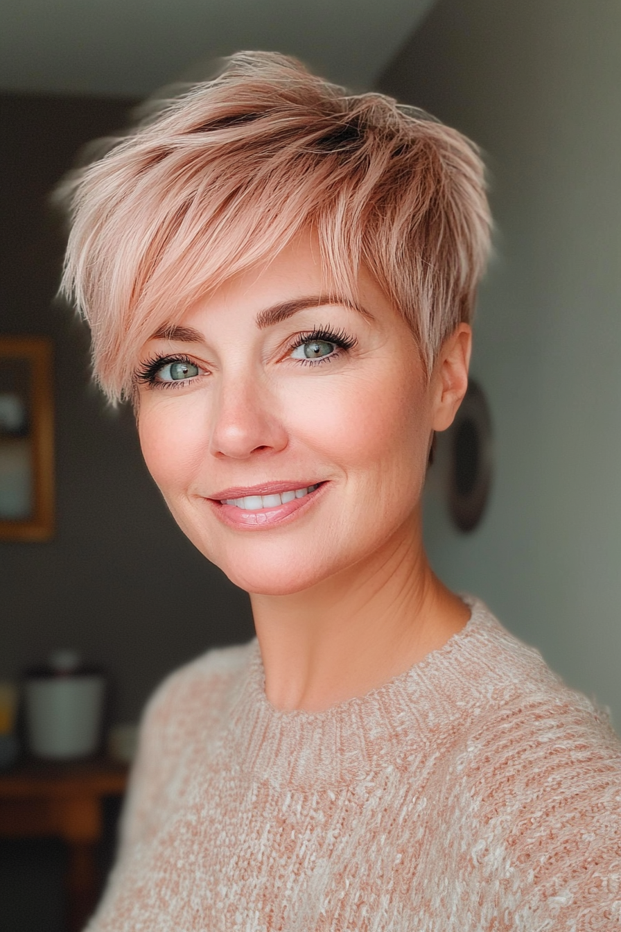 2. Feathered Crop in Soft Rose Gold (Short Hairstyles For Older Women With Thinning Hair) - Short Hairstyles For Older Women With Thinning Hair