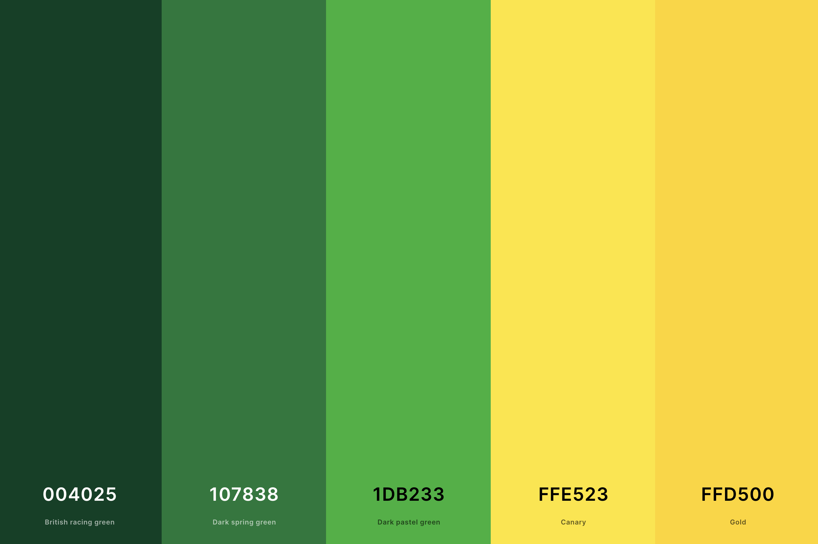 2. Green And Yellow Color Palette Color Palette with British Racing Green (Hex #004025) + Dark Spring Green (Hex #107838) + Dark Pastel Green (Hex #1DB233) + Canary (Hex #FFE523) + Gold (Hex #FFD500) Color Palette with Hex Codes