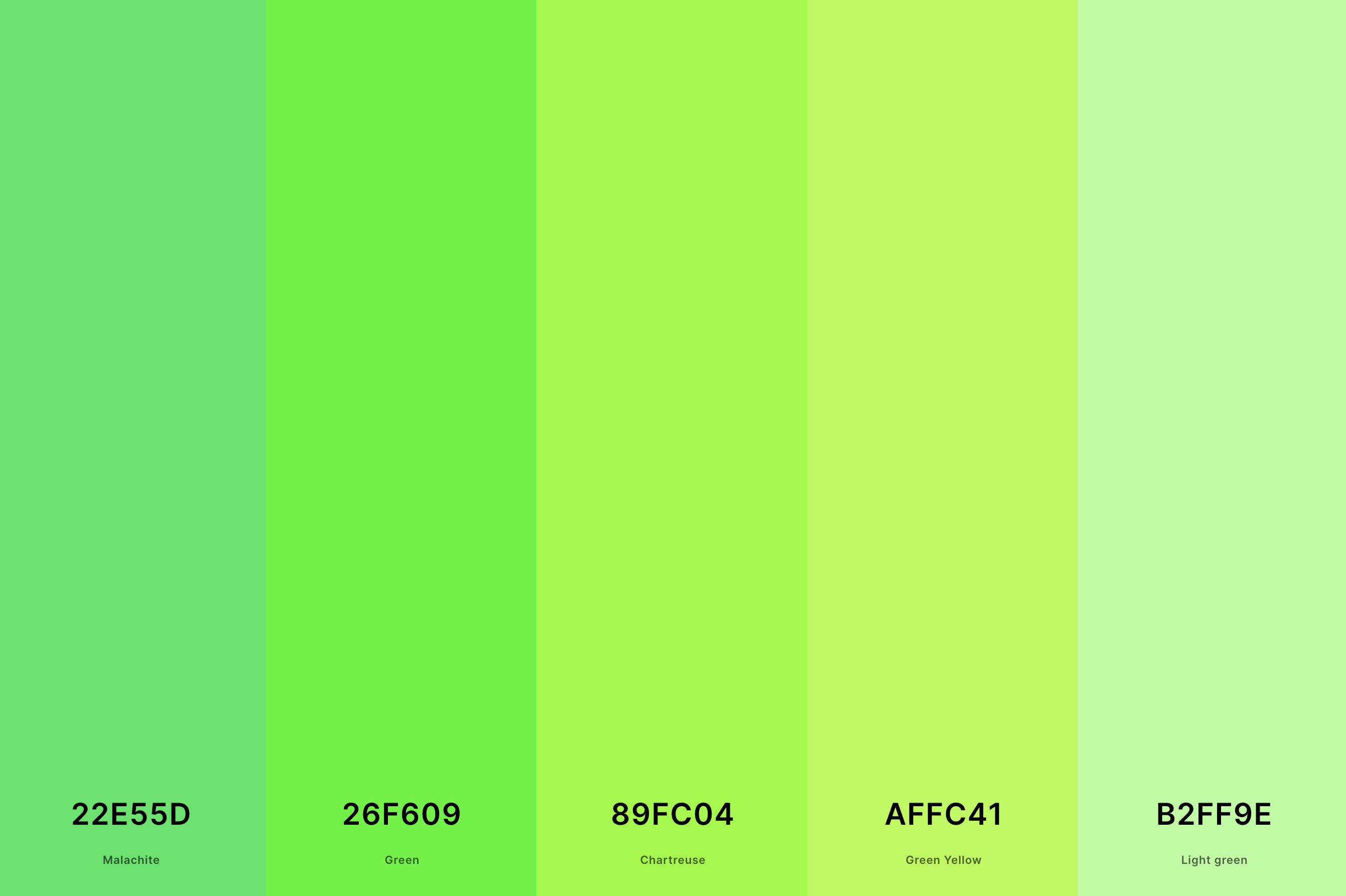 2. Green And Yellow Color Palette Color Palette with Malachite (Hex #22E55D) + Green (Hex #26F609) + Chartreuse (Hex #89FC04) + Green Yellow (Hex #AFFC41) + Light Green (Hex #B2FF9E) Color Palette with Hex Codes