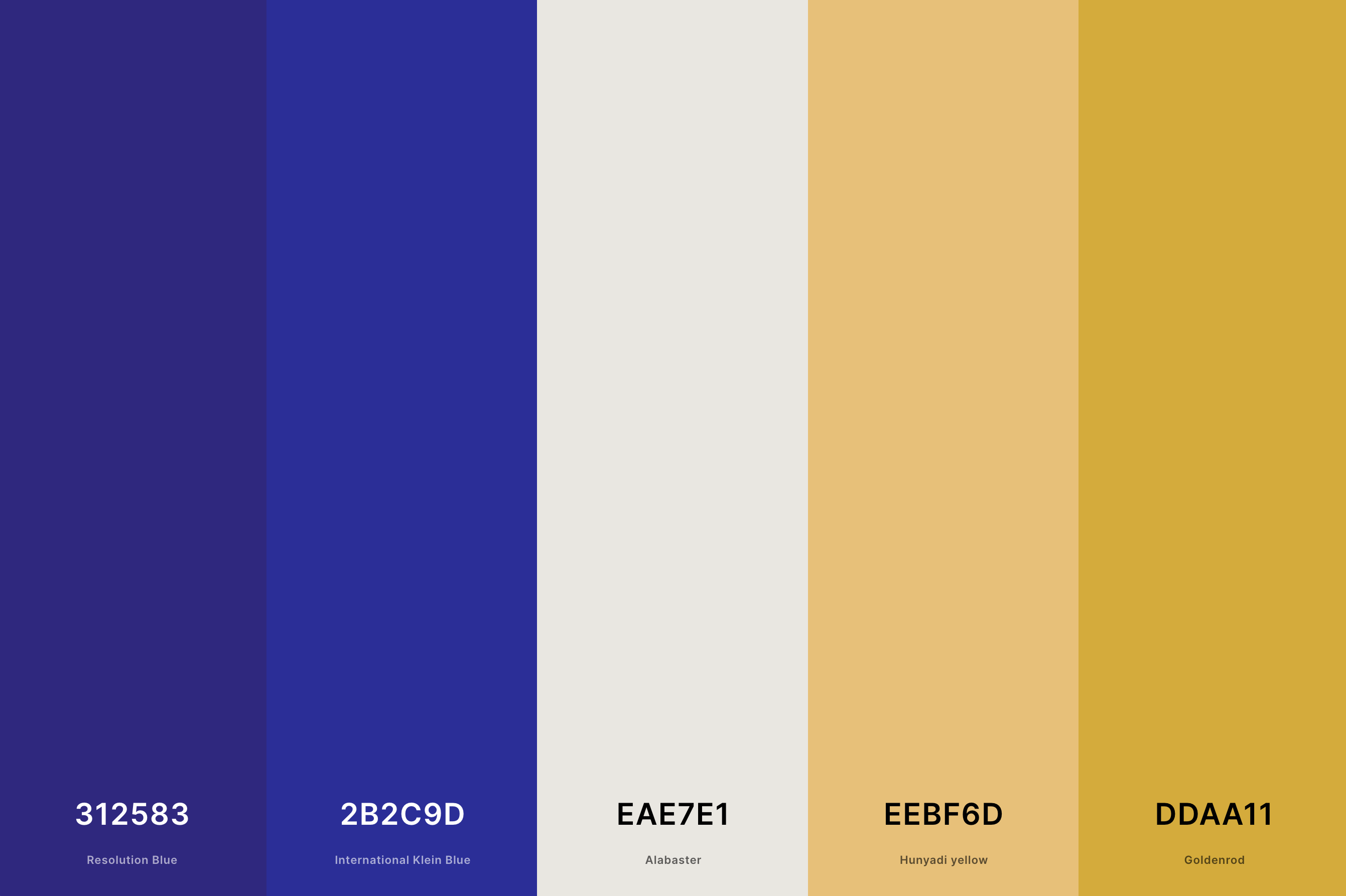2. Indigo And Honeycomb Color Palette Color Palette with Resolution Blue (Hex #312583) + International Klein Blue (Hex #2B2C9D) + Alabaster (Hex #EAE7E1) + Hunyadi Yellow (Hex #EEBF6D) + Goldenrod (Hex #DDAA11) Color Palette with Hex Codes