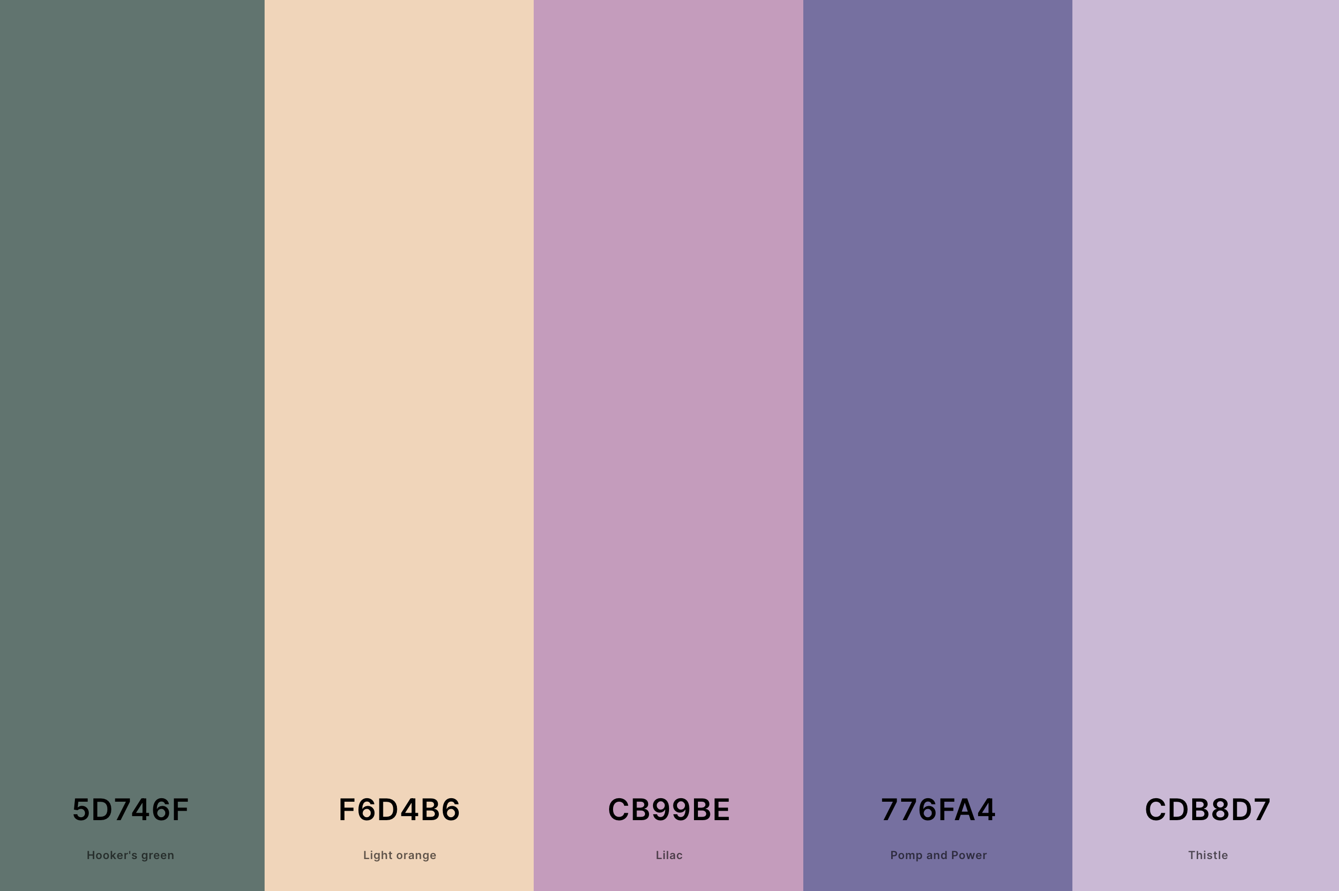 2. Lavender Wedding Color Palette Color Palette with Hooker'S Green (Hex #5D746F) + Light Orange (Hex #F6D4B6) + Lilac (Hex #CB99BE) + Pomp And Power (Hex #776FA4) + Thistle (Hex #CDB8D7) Color Palette with Hex Codes