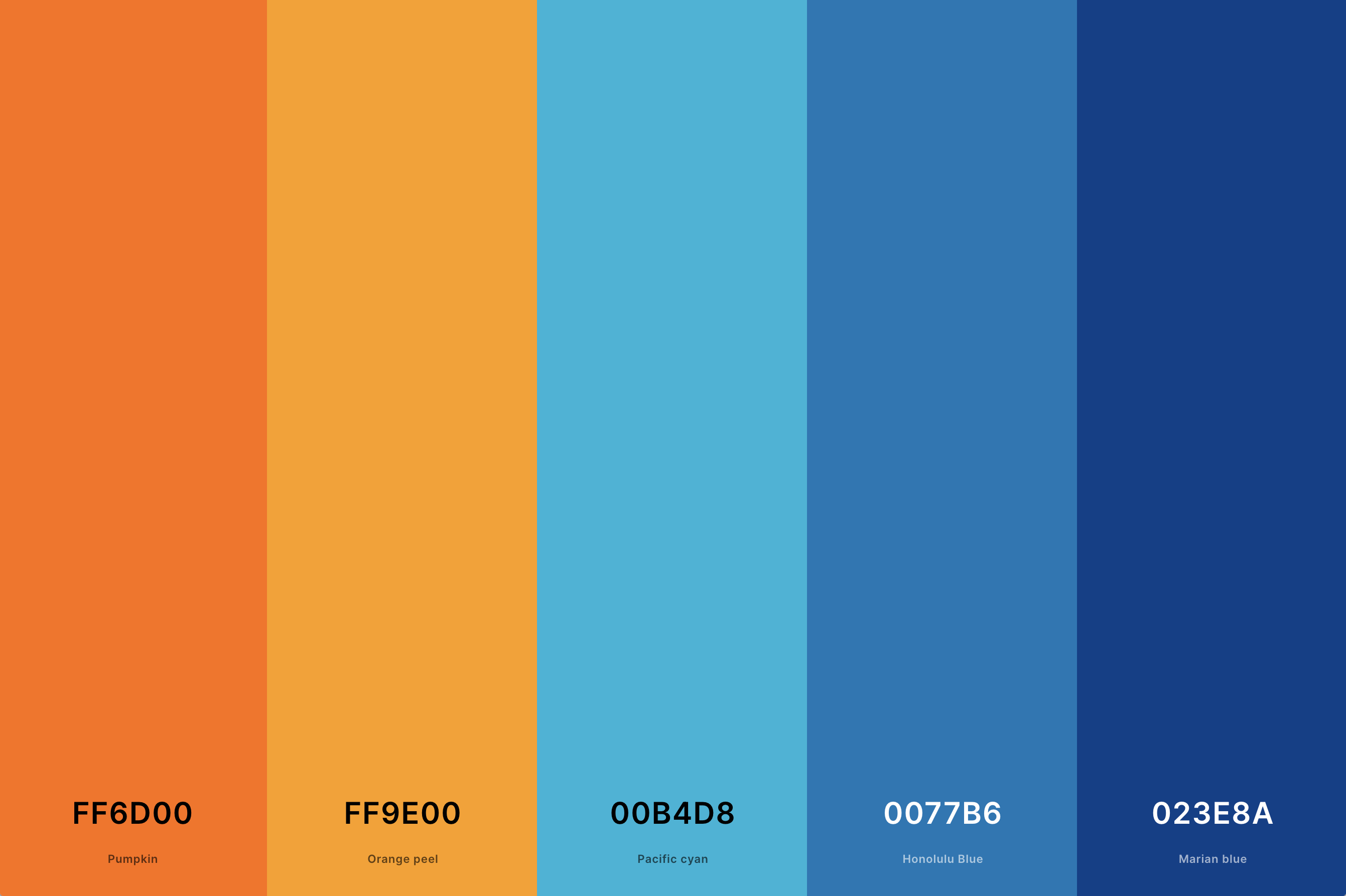 2. Orange And Blue Color Palette Color Palette with Pumpkin (Hex #FF6D00) + Orange Peel (Hex #FF9E00) + Pacific Cyan (Hex #00B4D8) + Honolulu Blue (Hex #0077B6) + Marian Blue (Hex #023E8A) Color Palette with Hex Codes