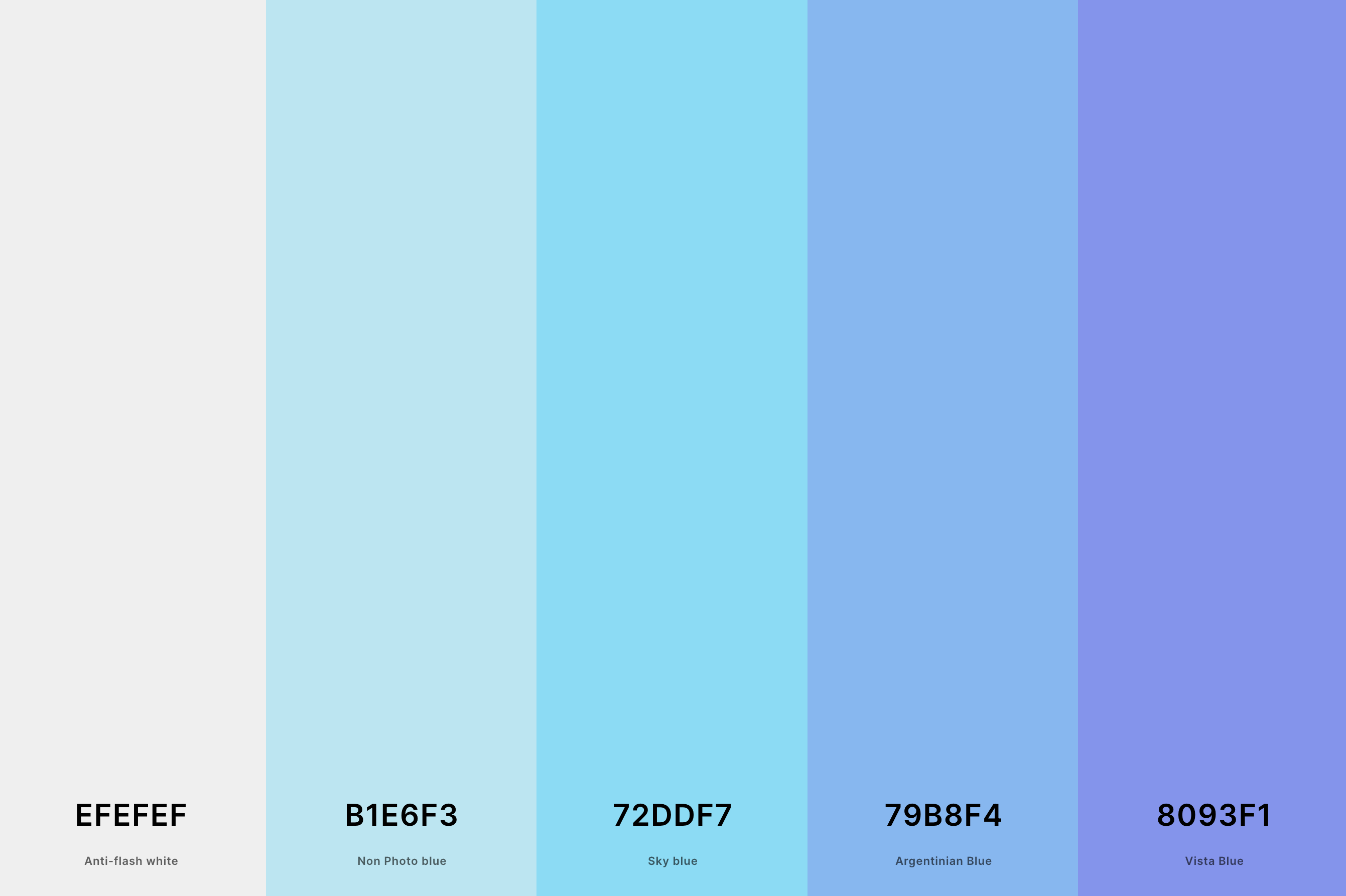 2. Pastel Blue Color Palette Color Palette with Anti-Flash White (Hex #EFEFEF) + Non Photo Blue (Hex #B1E6F3) + Sky Blue (Hex #72DDF7) + Argentinian Blue (Hex #79B8F4) + Vista Blue (Hex #8093F1) Color Palette with Hex Codes