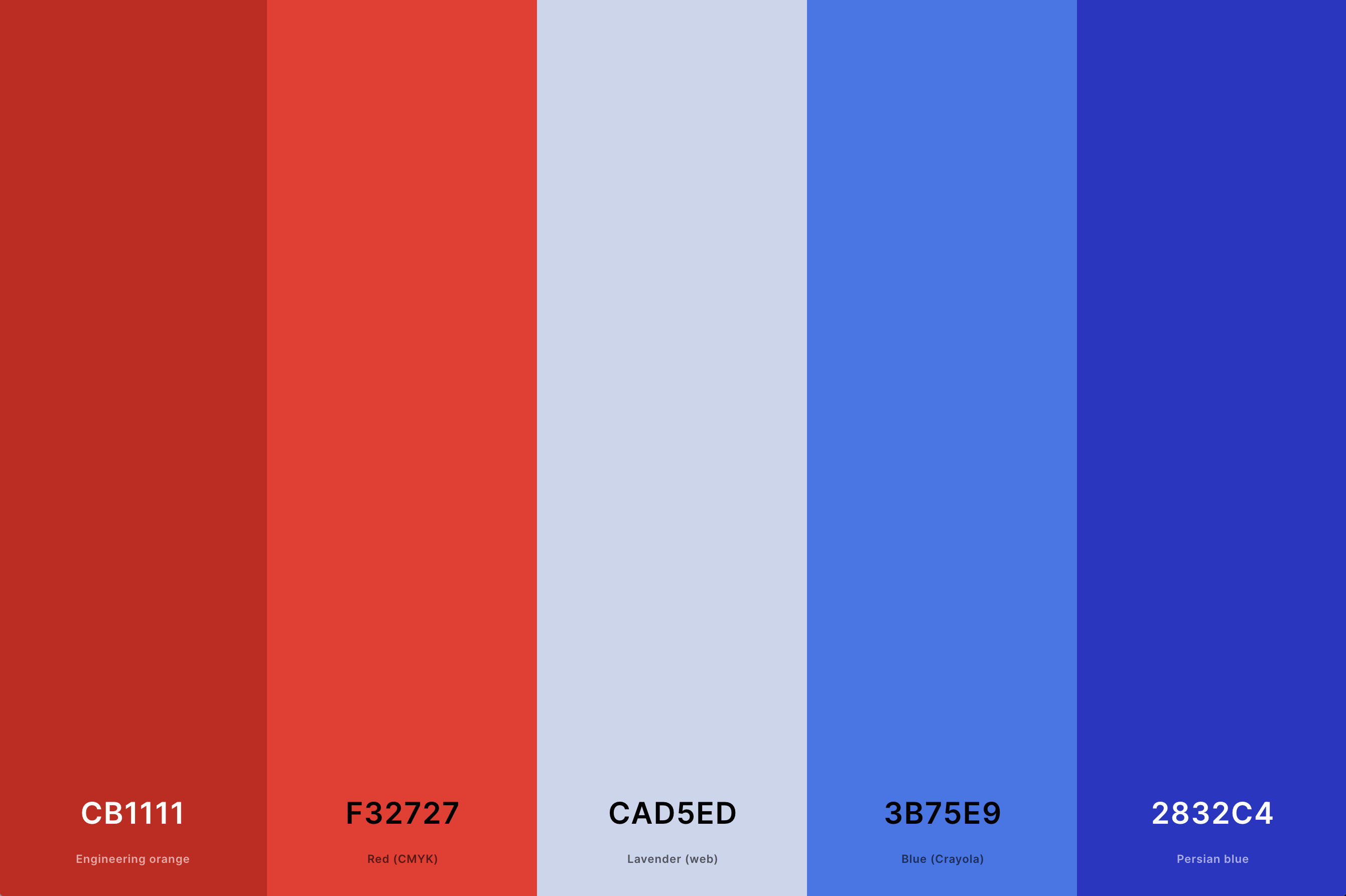 2. Red And Blue Color Palette Color Palette with Engineering Orange (Hex #CB1111) + Red (Cmyk) (Hex #F32727) + Lavender (Web) (Hex #CAD5ED) + Blue (Crayola) (Hex #3B75E9) + Persian Blue (Hex #2832C4) Color Palette with Hex Codes